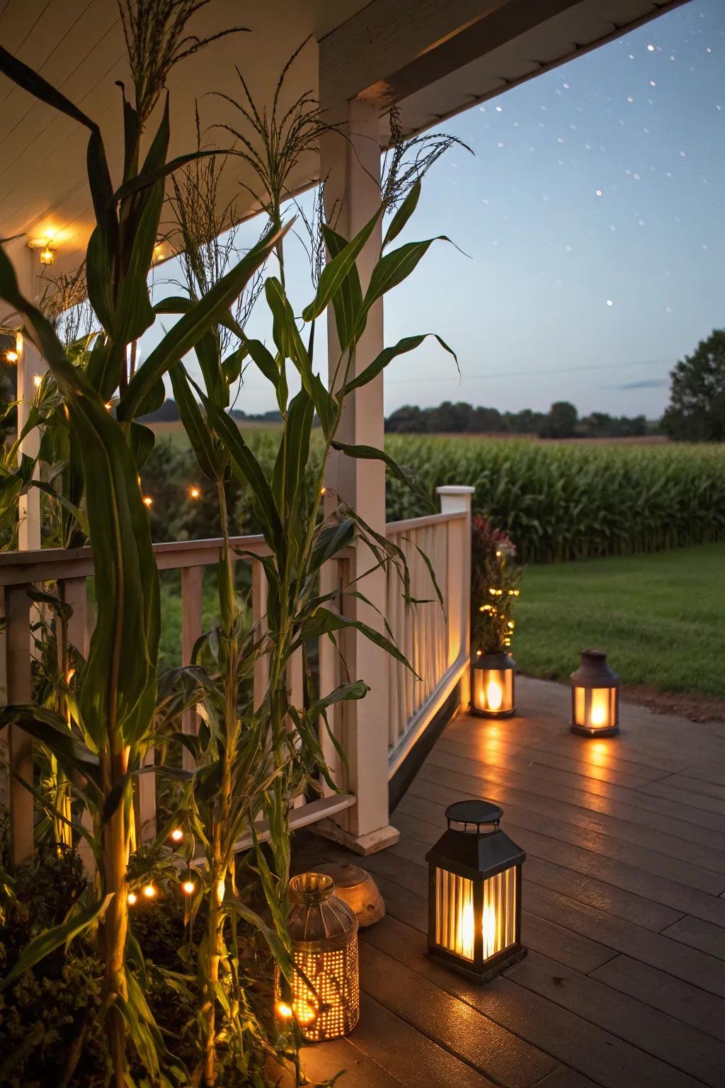 Create a cozy and inviting atmosphere with corn stalks and lanterns.