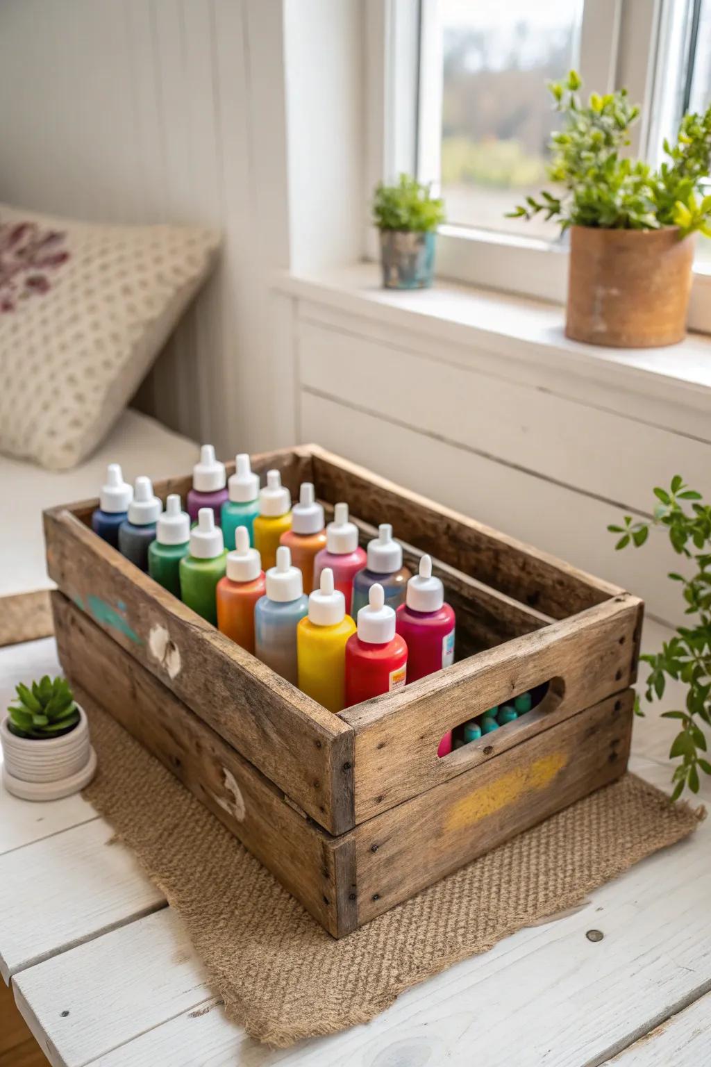 Organize with charm: Vintage crates bring rustic elegance to your craft space.
