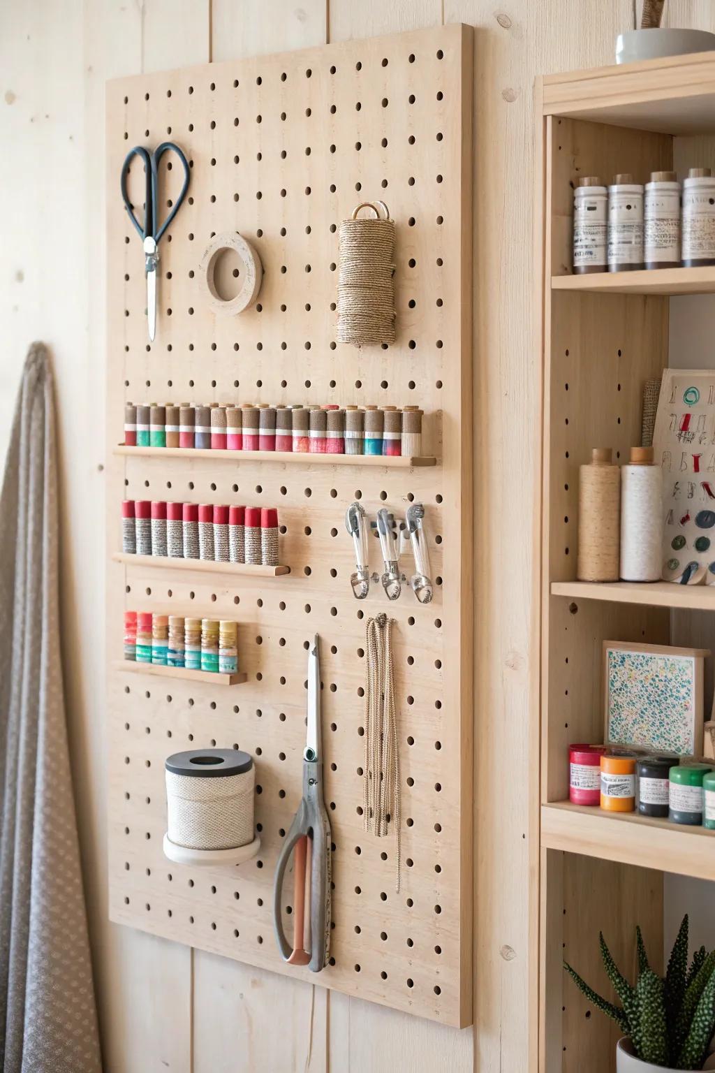 Transform your craft space with a beautifully organized pegboard featuring dedicated zones for all your creative pursuits.