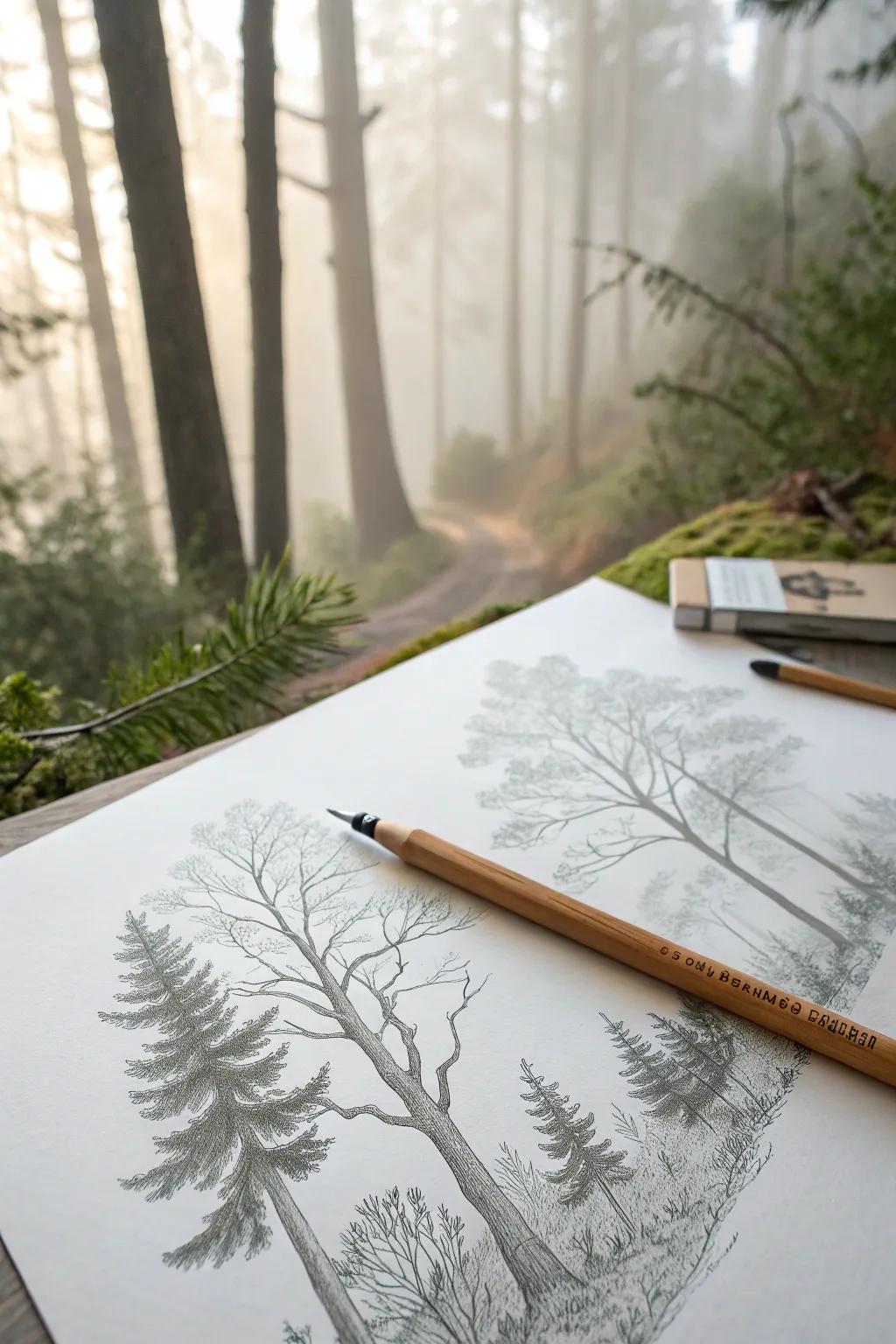 Unleash your creativity with the enchanting allure of misty forests, where each pencil stroke brings depth and mystery to life.