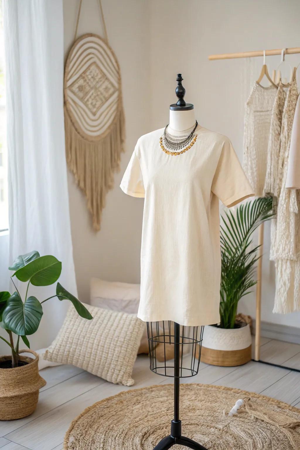 Elevate your tee game with a styled mannequin look, blending minimalist charm with Boho elegance.