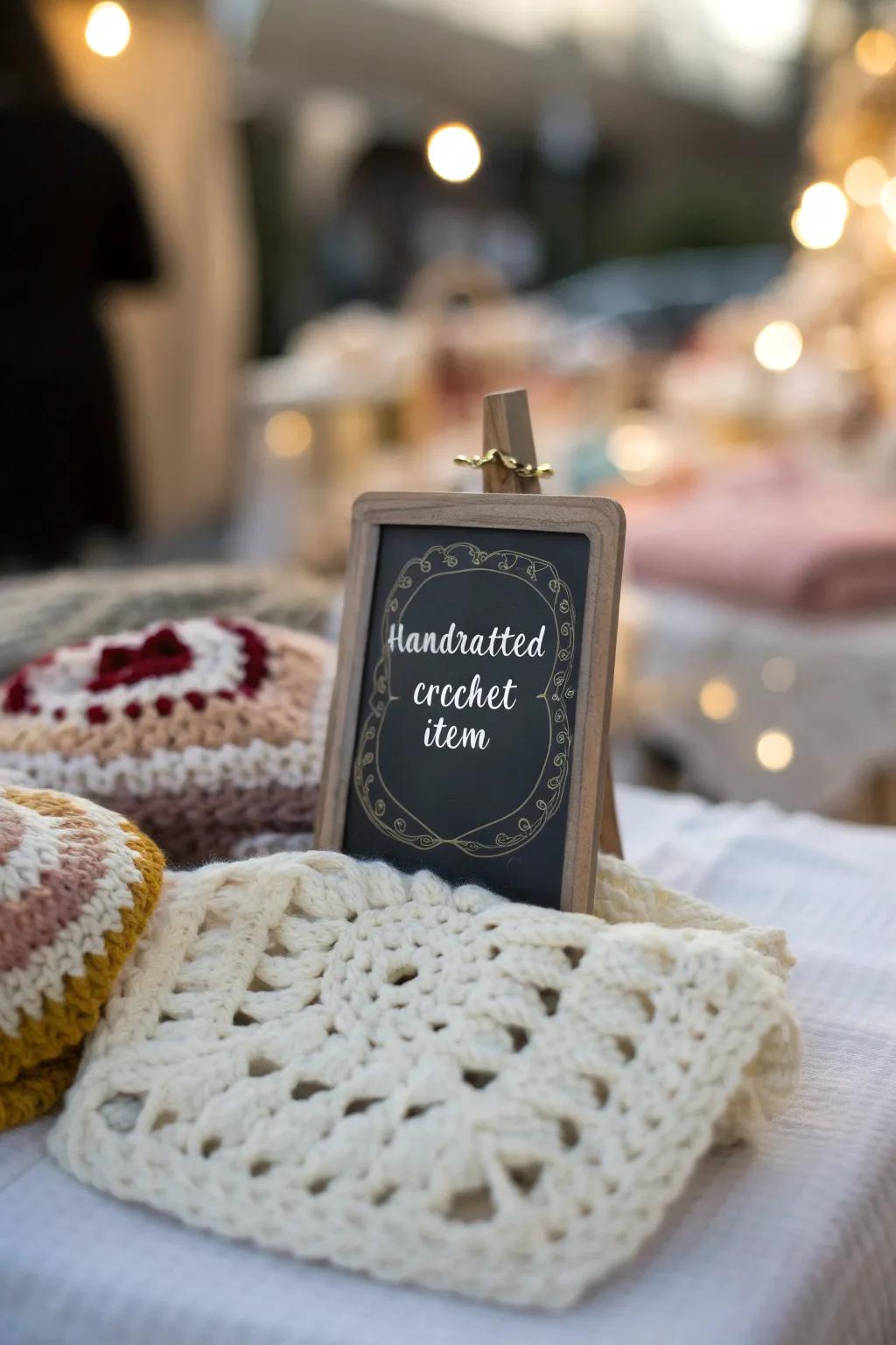 Craft your display with charm – rustic chalkboard labels meet delicate crochet.