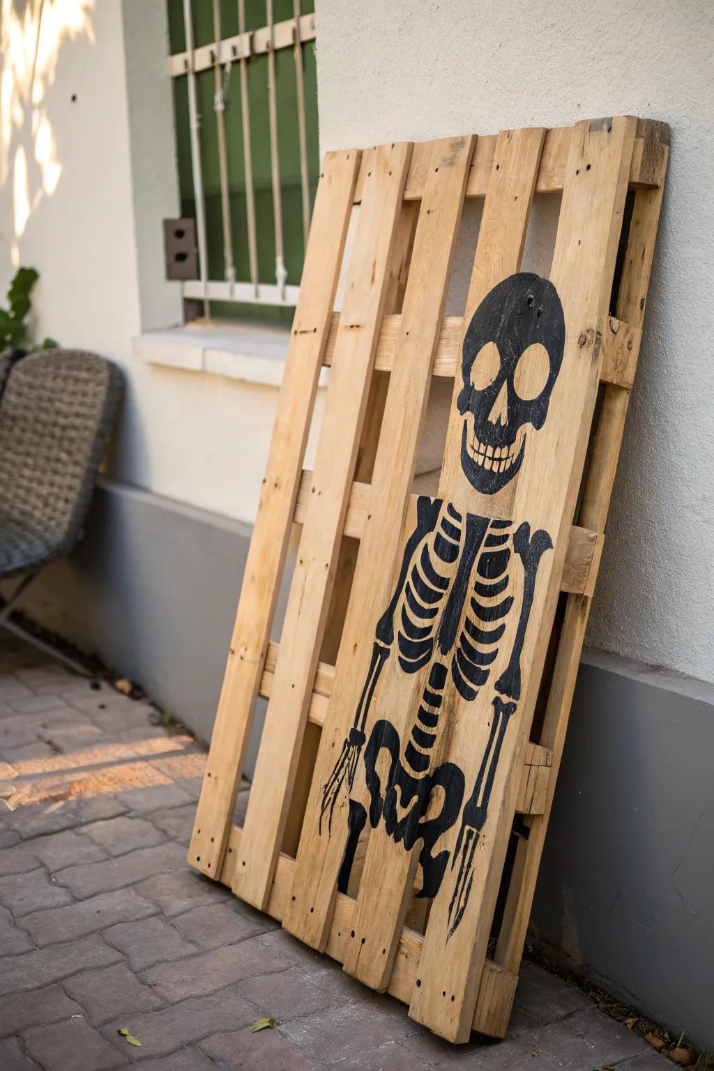 Welcome Halloween with a chic twist! This minimalist skeleton silhouette pallet adds a playful yet elegant touch to your doorstep.