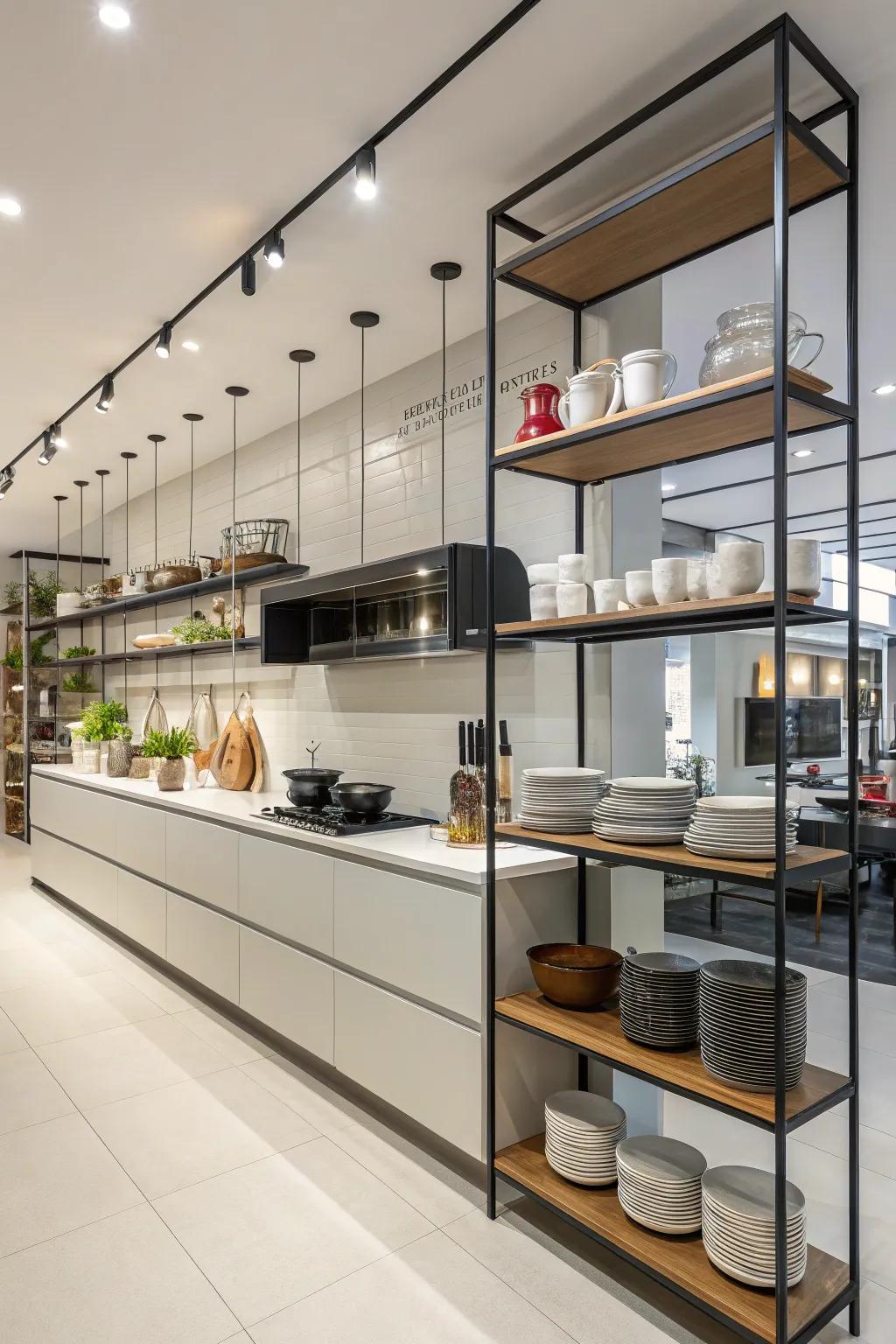 Suspended shelves provide subtle divisions in open kitchens.