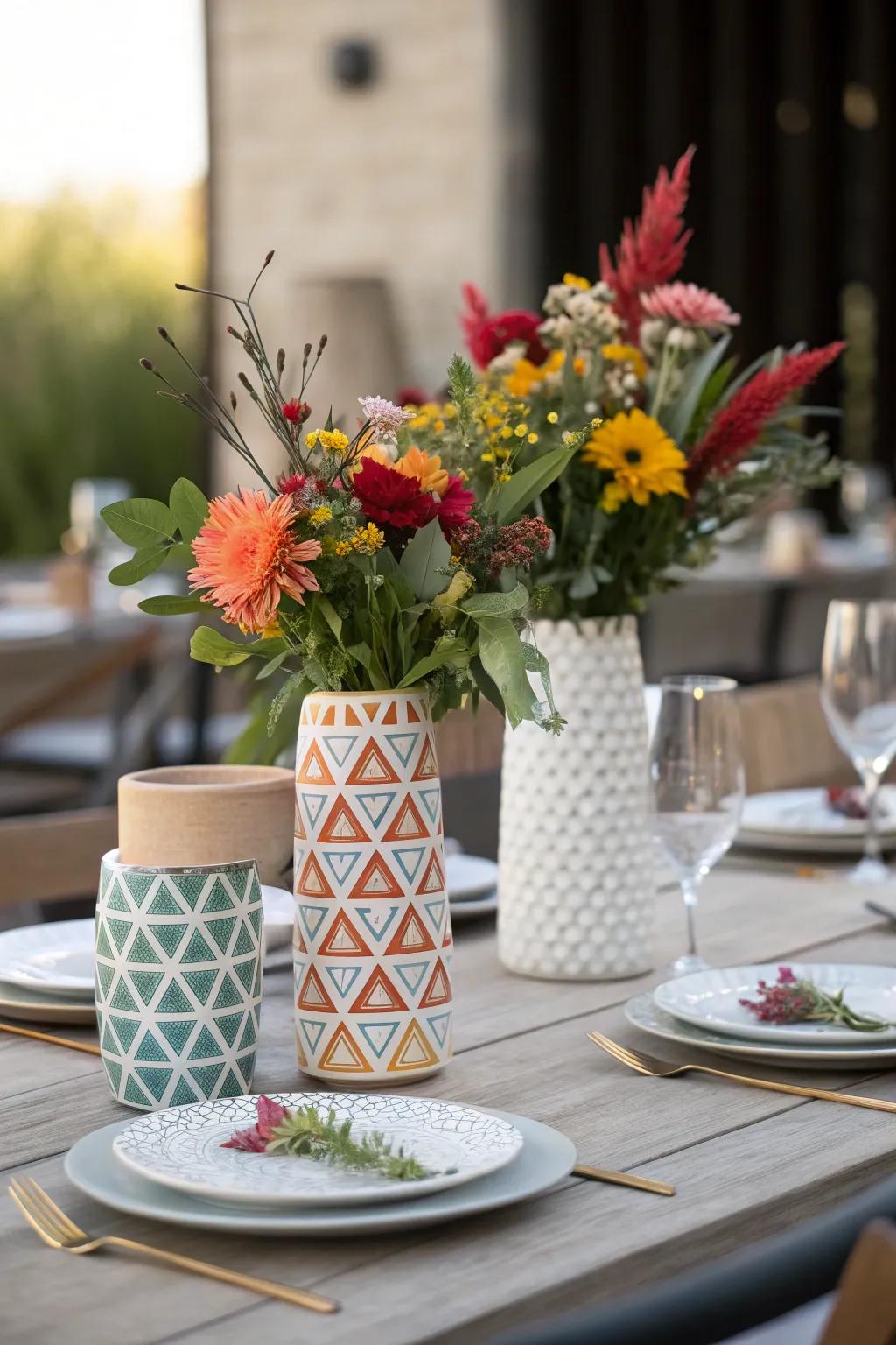 Dynamic shapes add visual intrigue and modern flair to the dining table.