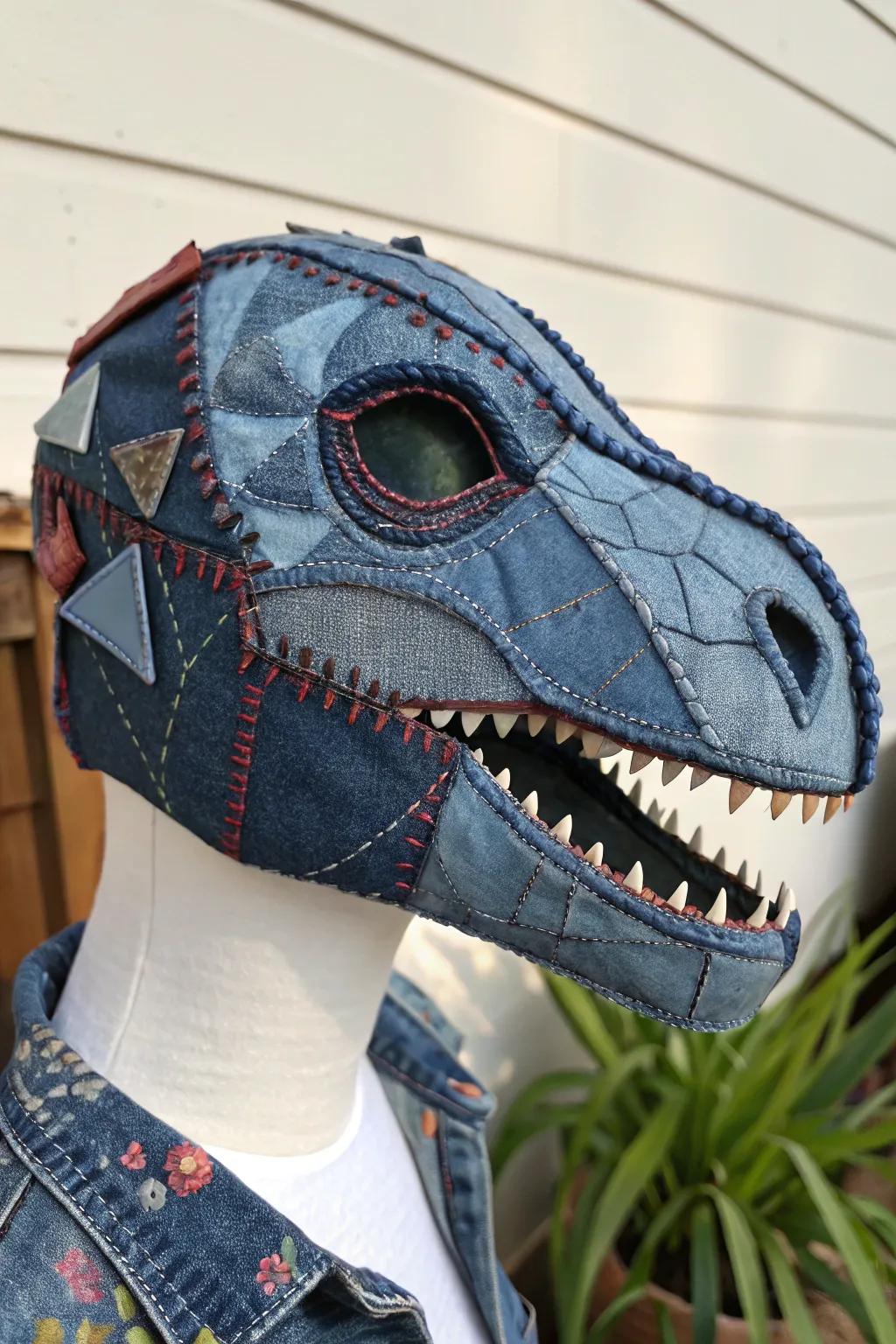 Sustainably stylish: Transforming old denim into a dino masterpiece.