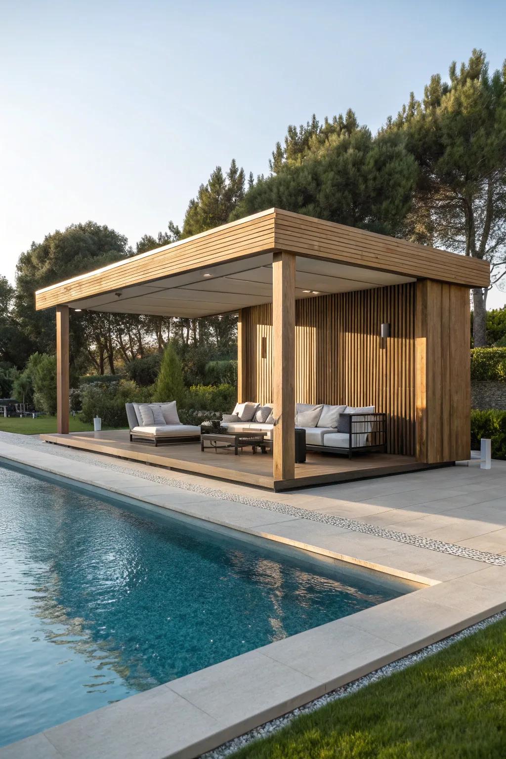 Transform your backyard into a Poolside Oasis with this sleek pavilion design.