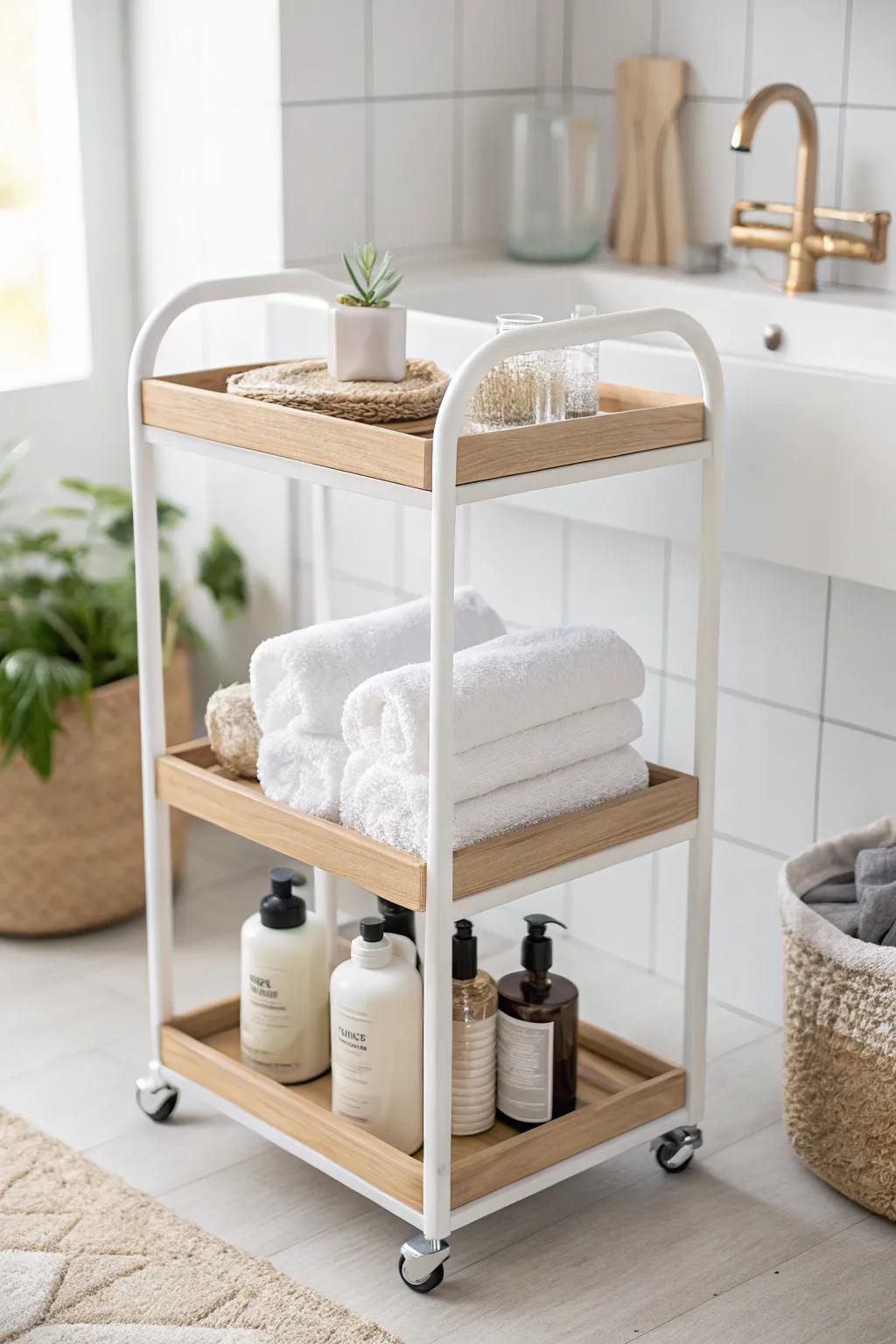 Transform your bathroom with this chic and versatile rolling cart – where style meets functionality.