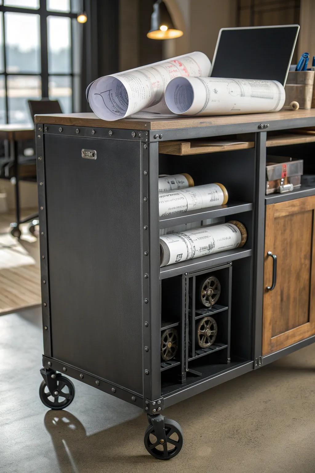 Revolutionize your workspace with a chic, mobile blueprint storage solution. Perfect for those who crave flexibility and style.