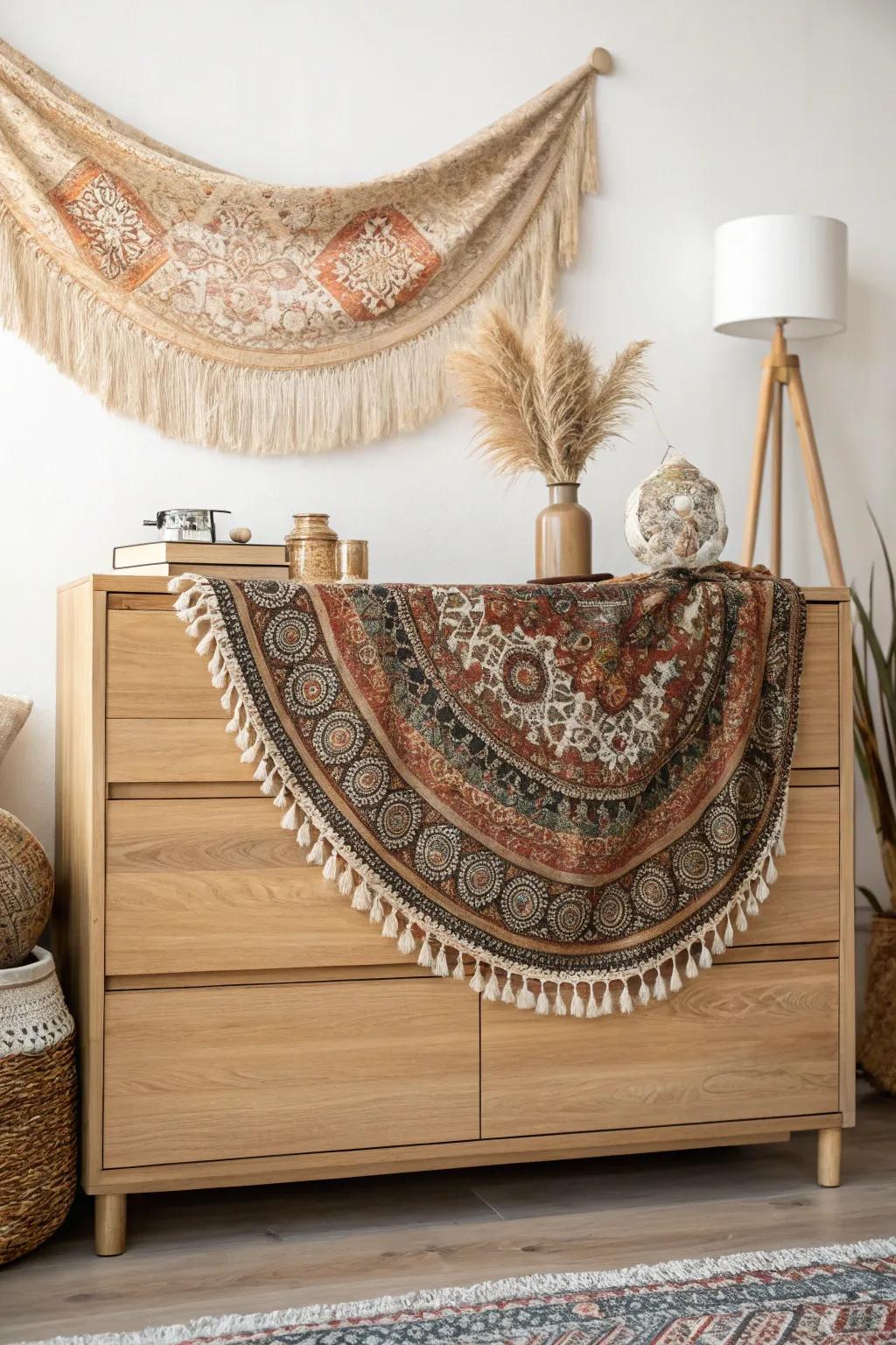 Elevate your space with a splash of boho charm – discover the beauty of vintage fabrics on minimalist designs.