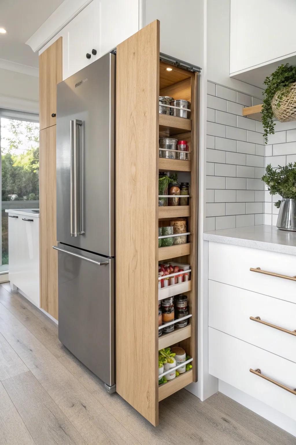 Maximize your kitchen space with this chic slide-out pantry for effortless access to your favorite canned goods!