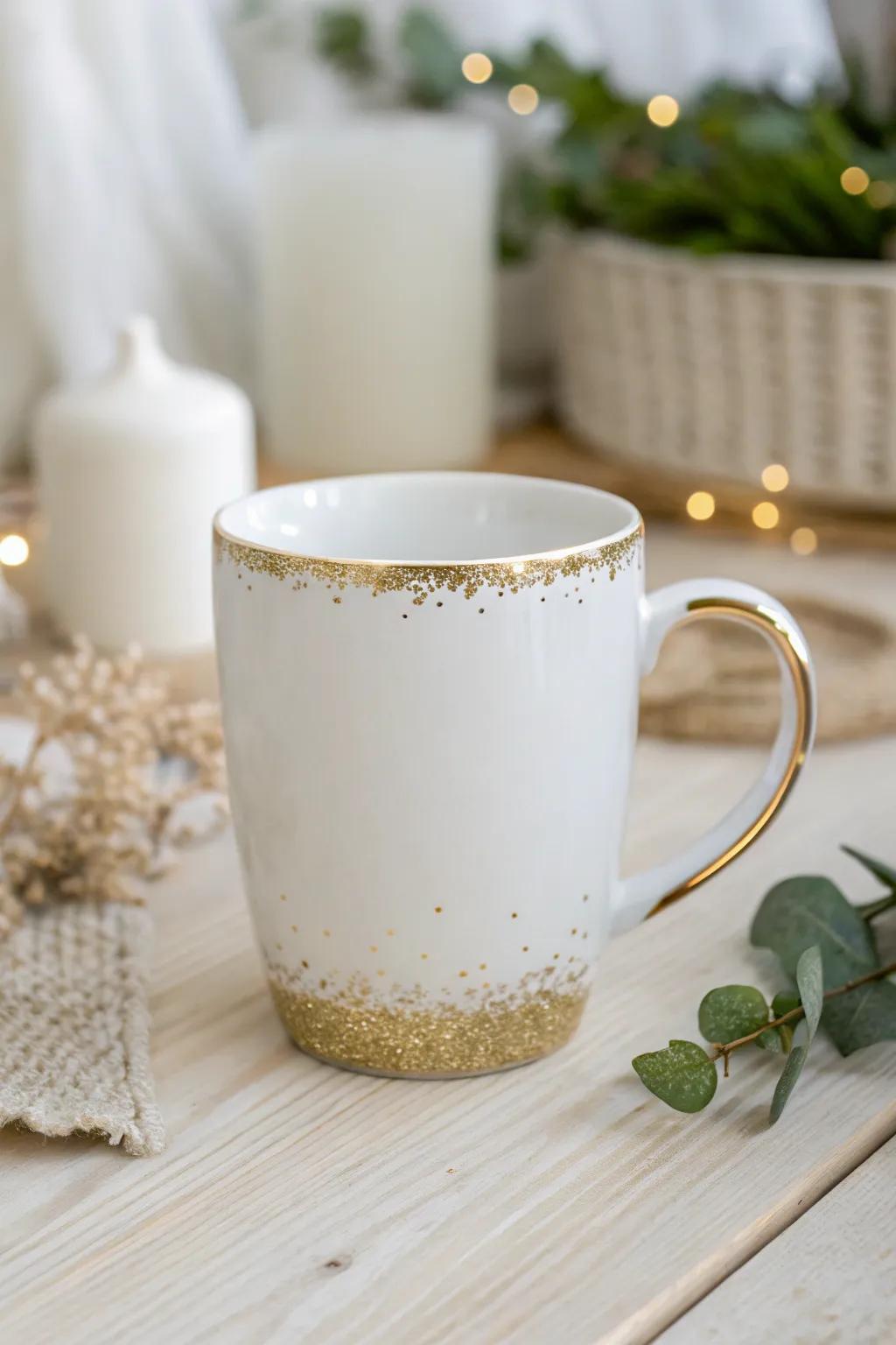 Add a touch of sparkle to your holiday mornings with this elegant gold-accented mug.