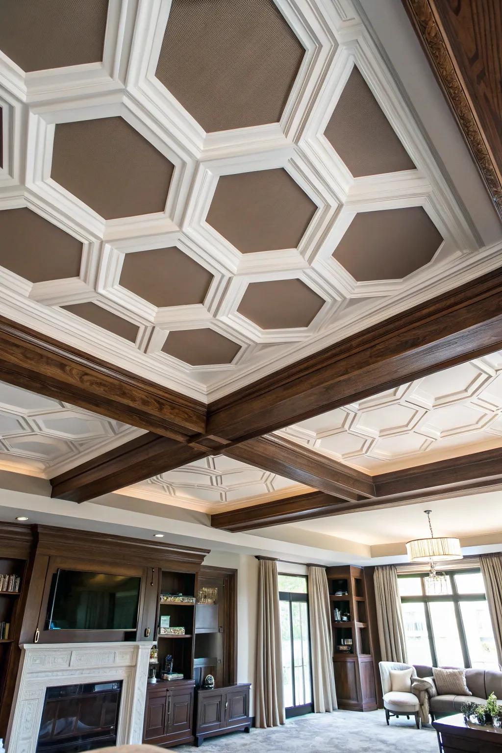 Elevate your space with bold hexagon coffered ceilings—where geometry meets style.
