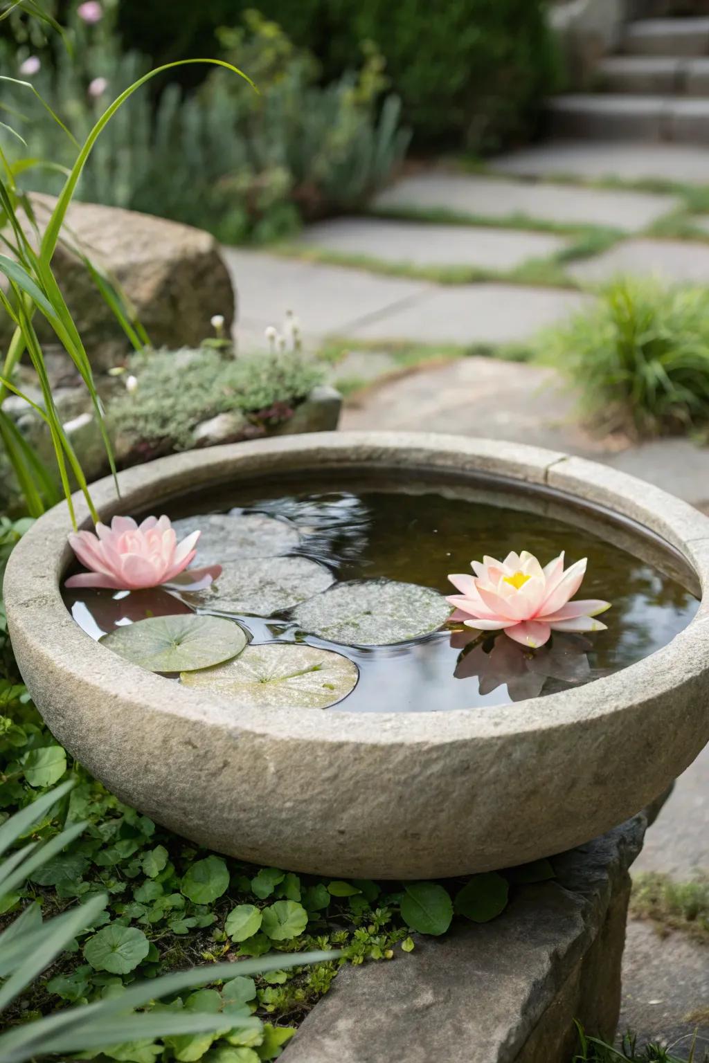Transform your bird bath into a serene container pond and invite nature's beauty into your garden.