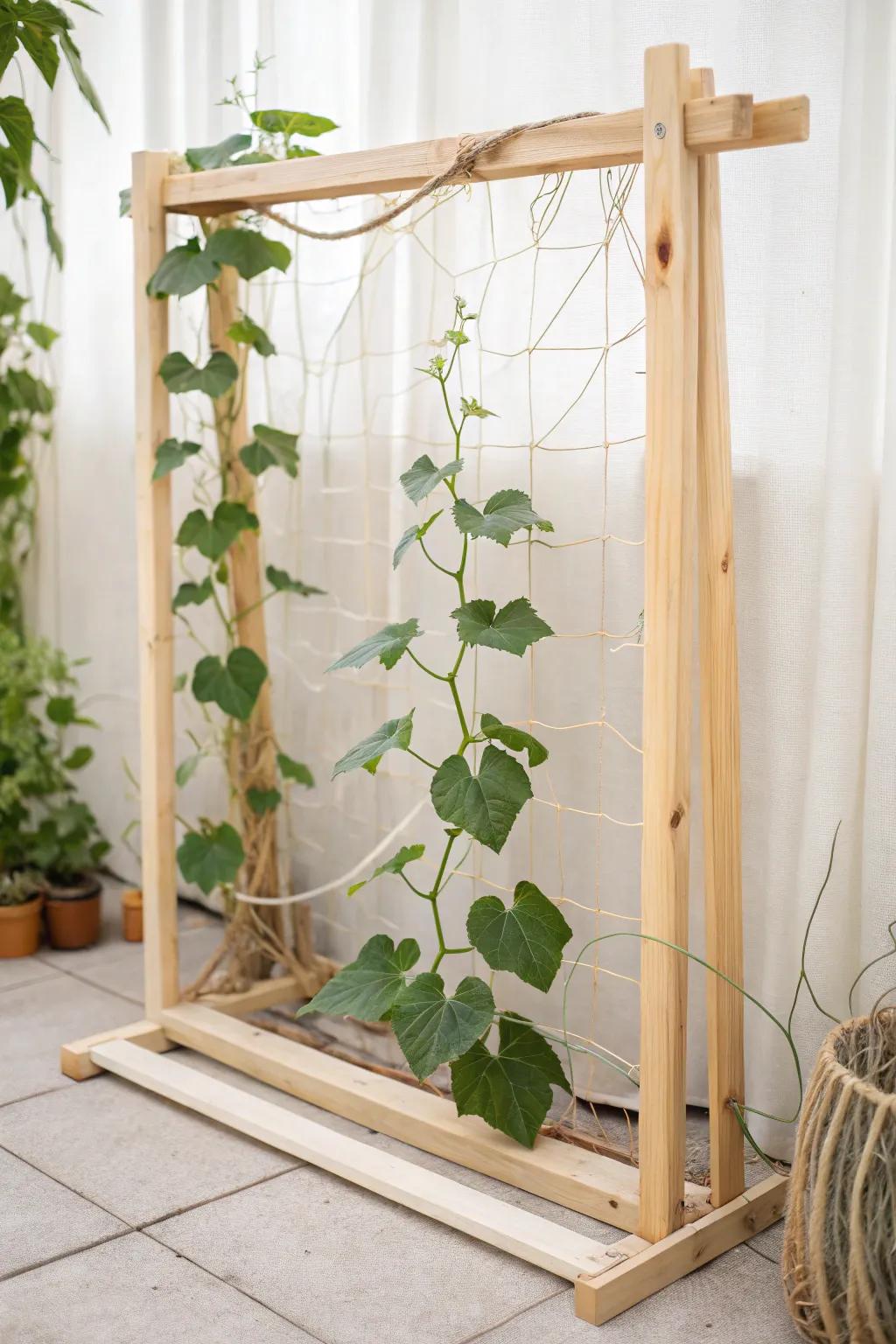 Embrace simplicity and craftsmanship with this elegant DIY cucumber trellis, perfect for a stylish garden retreat.