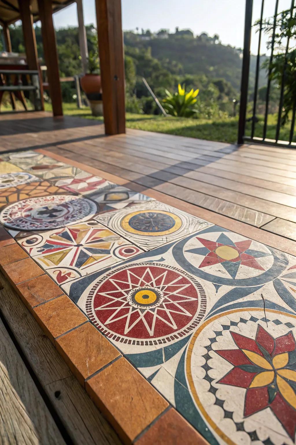 Transform your outdoor space with artistic deck tiles that bring color and creativity to your deck.