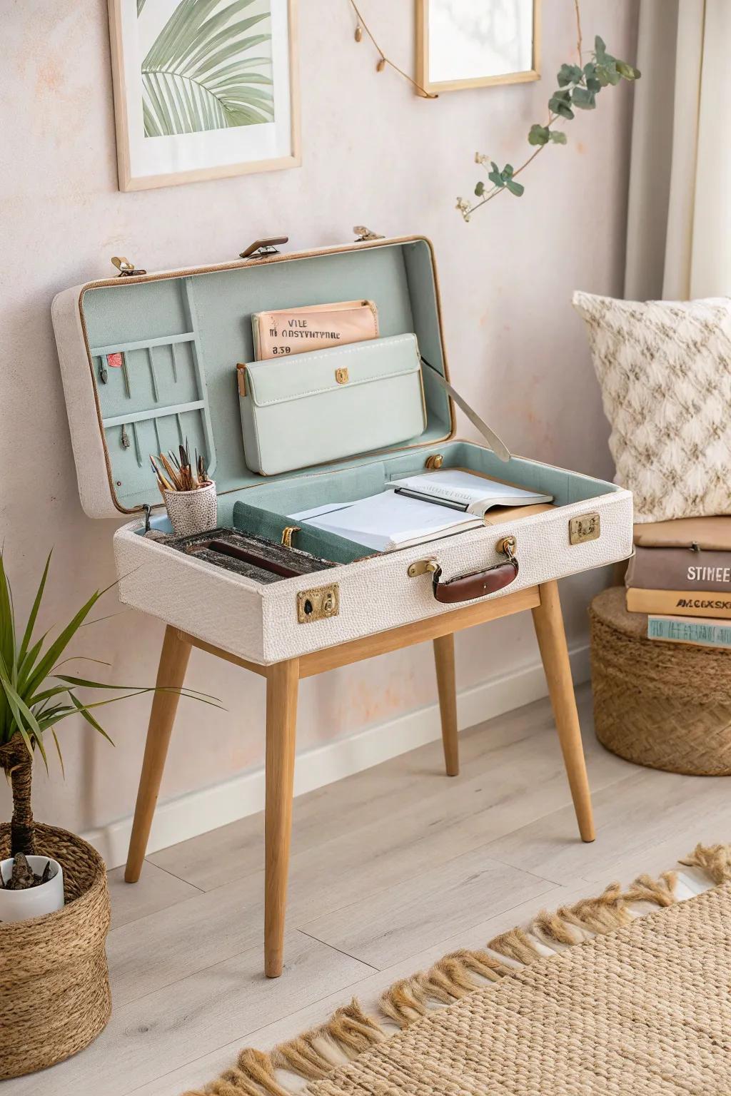 Transform nostalgia into functionality with this charming vintage suitcase desk, perfect for adding character to any minimalist space.