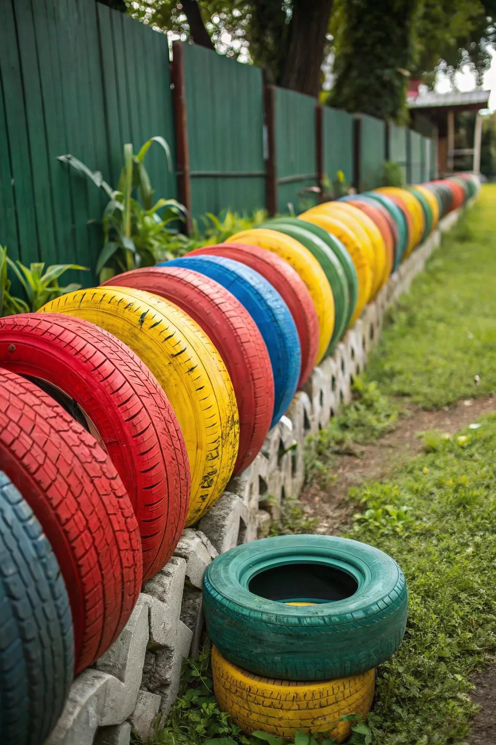 Transform old tires into a striking fence with vibrant colors and creative flair.