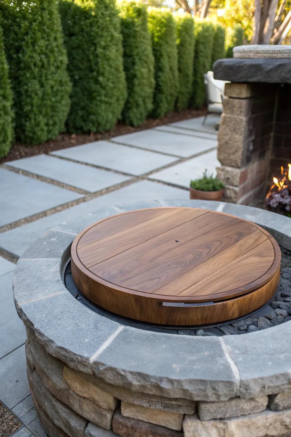 Elevate your outdoor space with this elegant DIY circular wooden firepit cover, where simplicity meets sophistication.