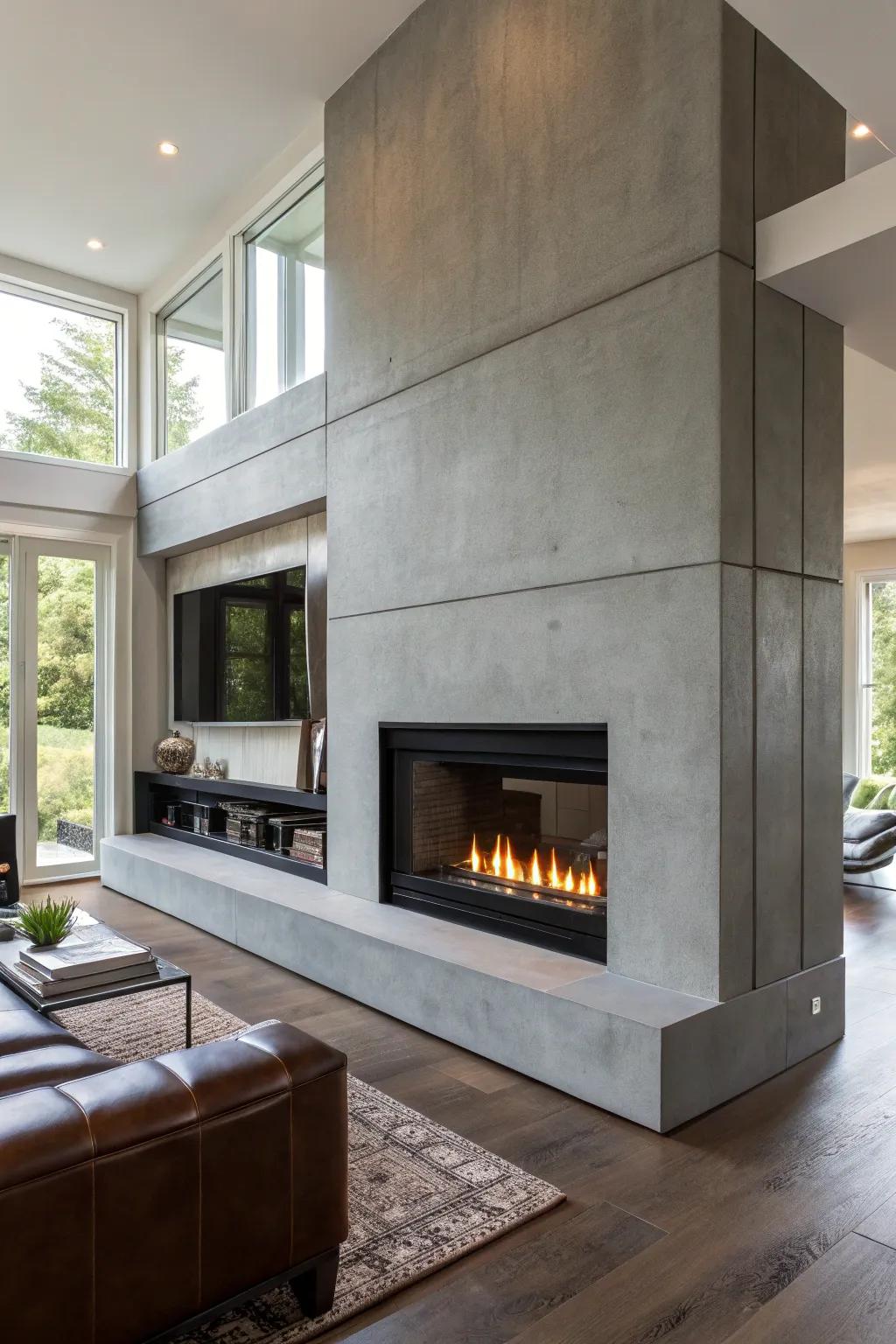 Elevate your space with a modern concrete fireplace that makes a bold statement in any contemporary home.