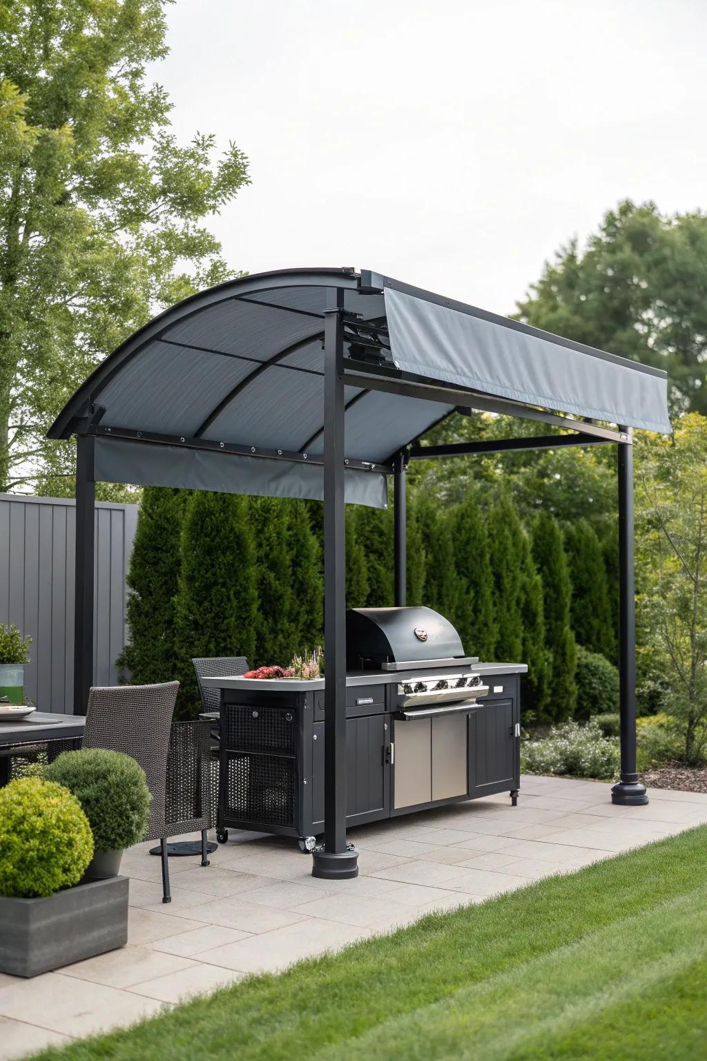 Stay prepared for any weather with this elegant retractable awning – the perfect addition to your grill gazebo.