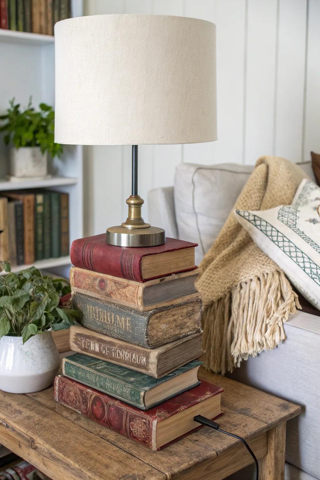 Illuminate your space with a literary twist! This DIY Book Stack Lamp adds charm and character to any reading nook. 📚💡 #DIYLamp #ScandiBoho
