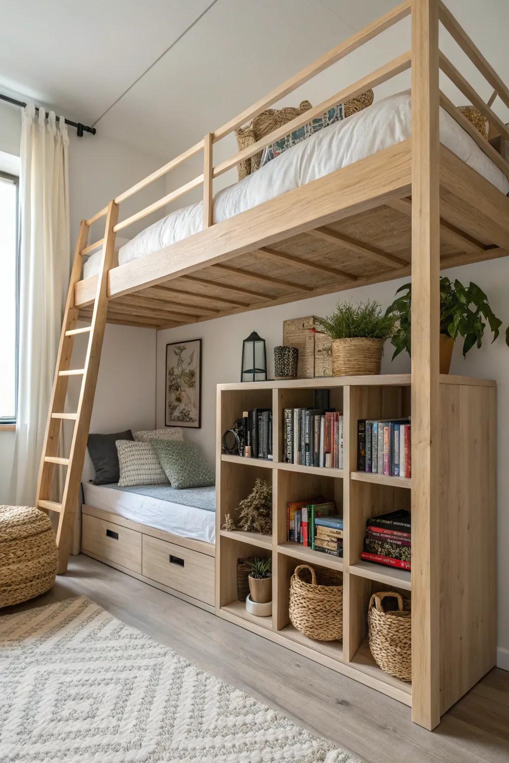 Elevate your space with a loft bed that doubles as a stylish 'shelfie' corner. Perfect for blending functionality with natural beauty!