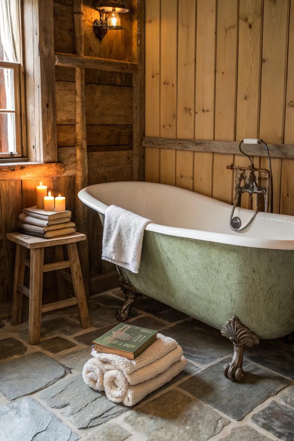 Escape to tranquility with a rustic clawfoot tub oasis—where relaxation meets timeless charm.