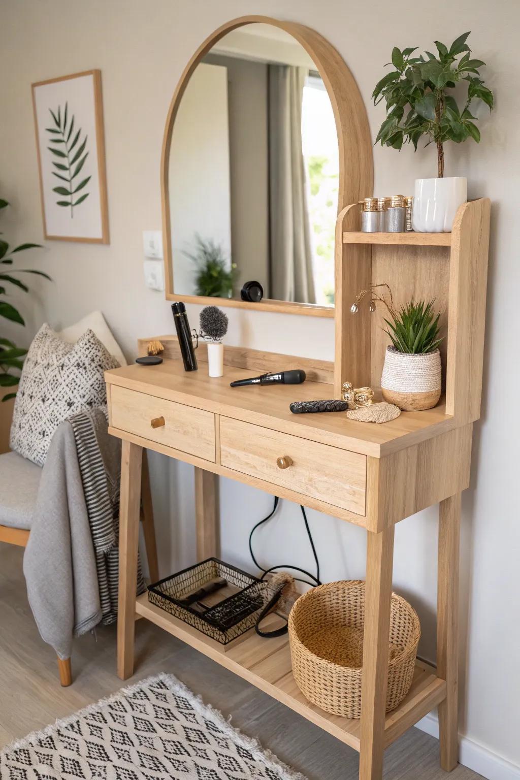 Elevate your small space with a chic wall-mounted salon station that blends Scandinavian simplicity with Boho charm.