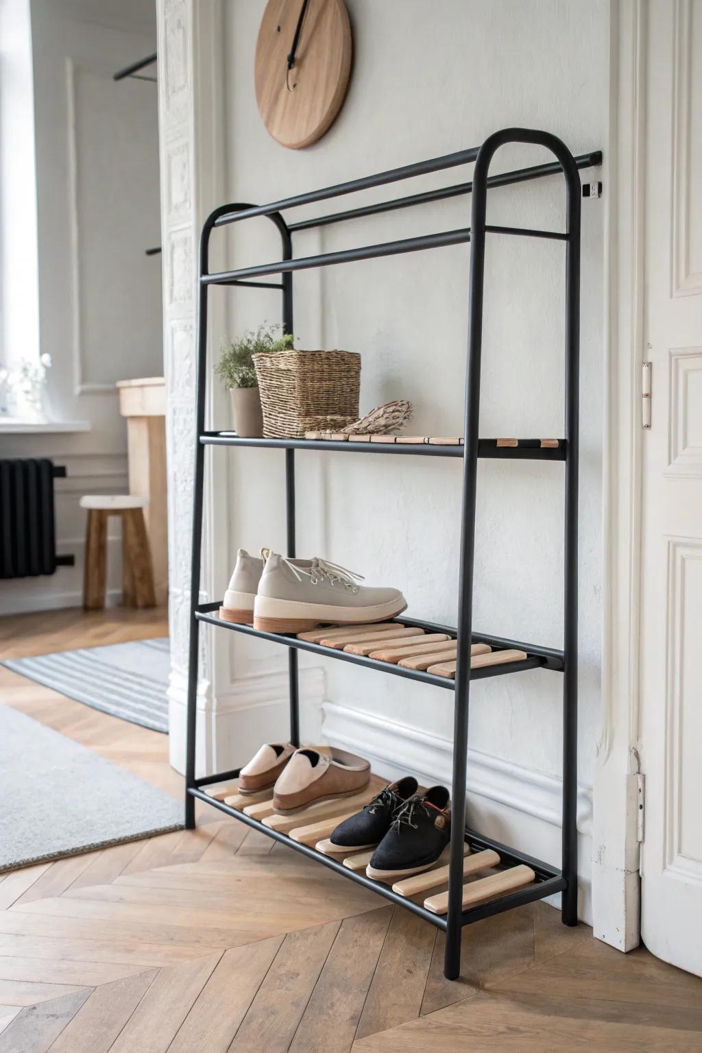 Elevate your entryway with this chic metal pipe shoe rack, where industrial meets minimalist elegance.
