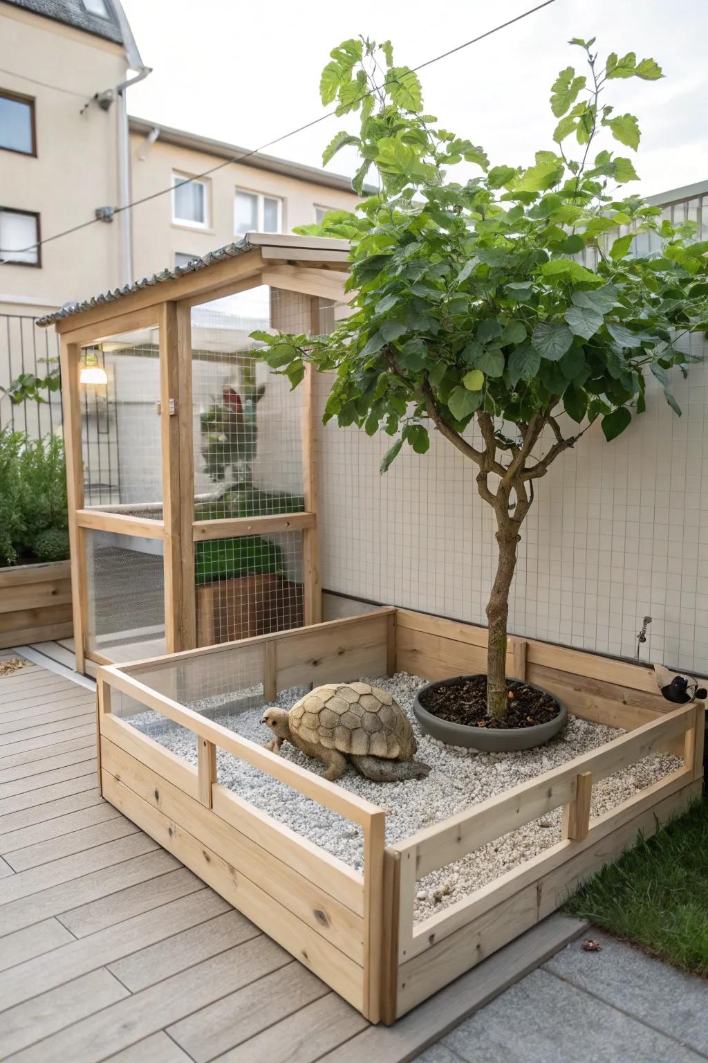 Embrace nature with a minimalist touch—create a shaded haven for your sulcata tortoise with style.