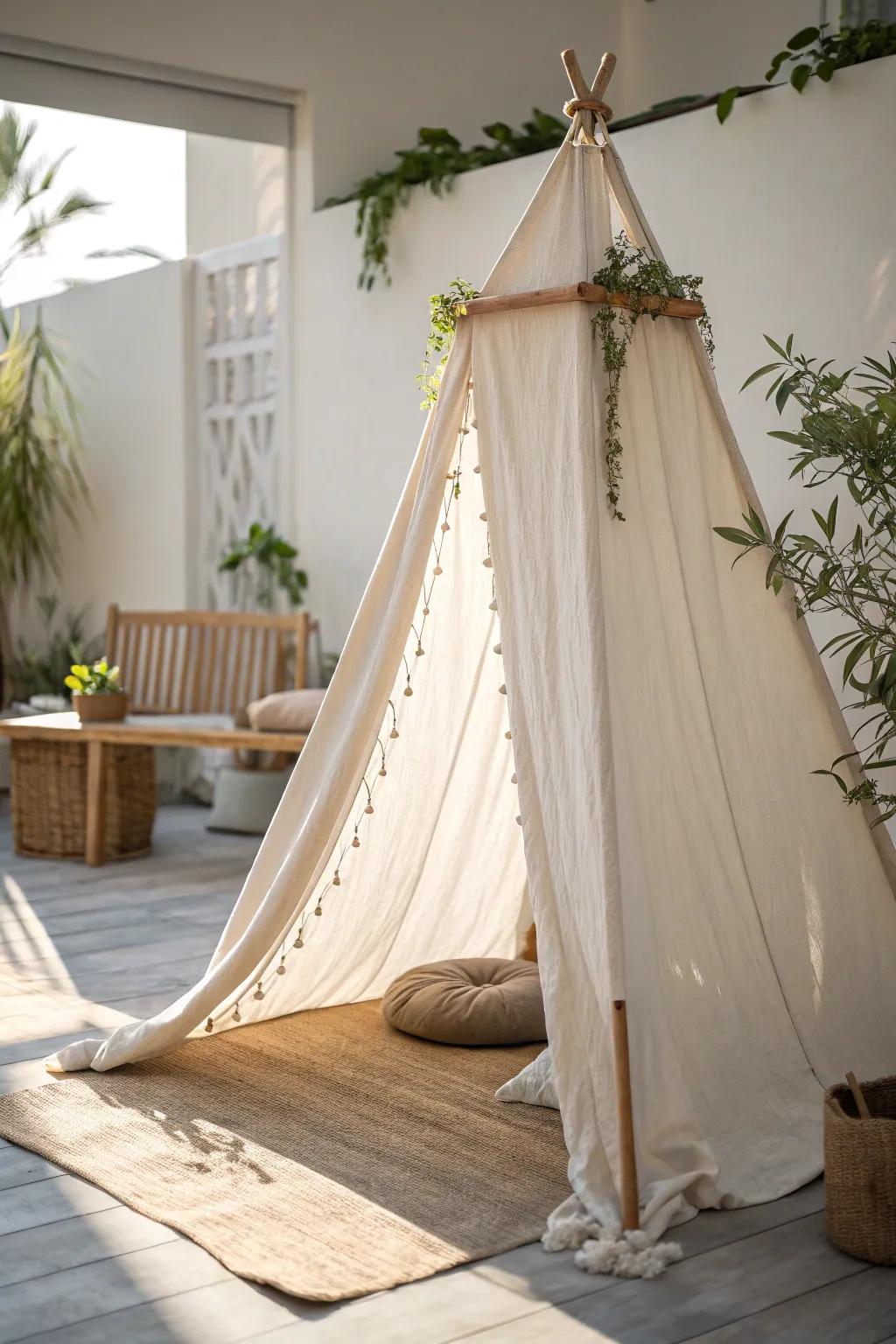 Create your own serene escape with this beautiful fabric-covered canopy tent. Perfect for adding a touch of minimalist elegance to any space.