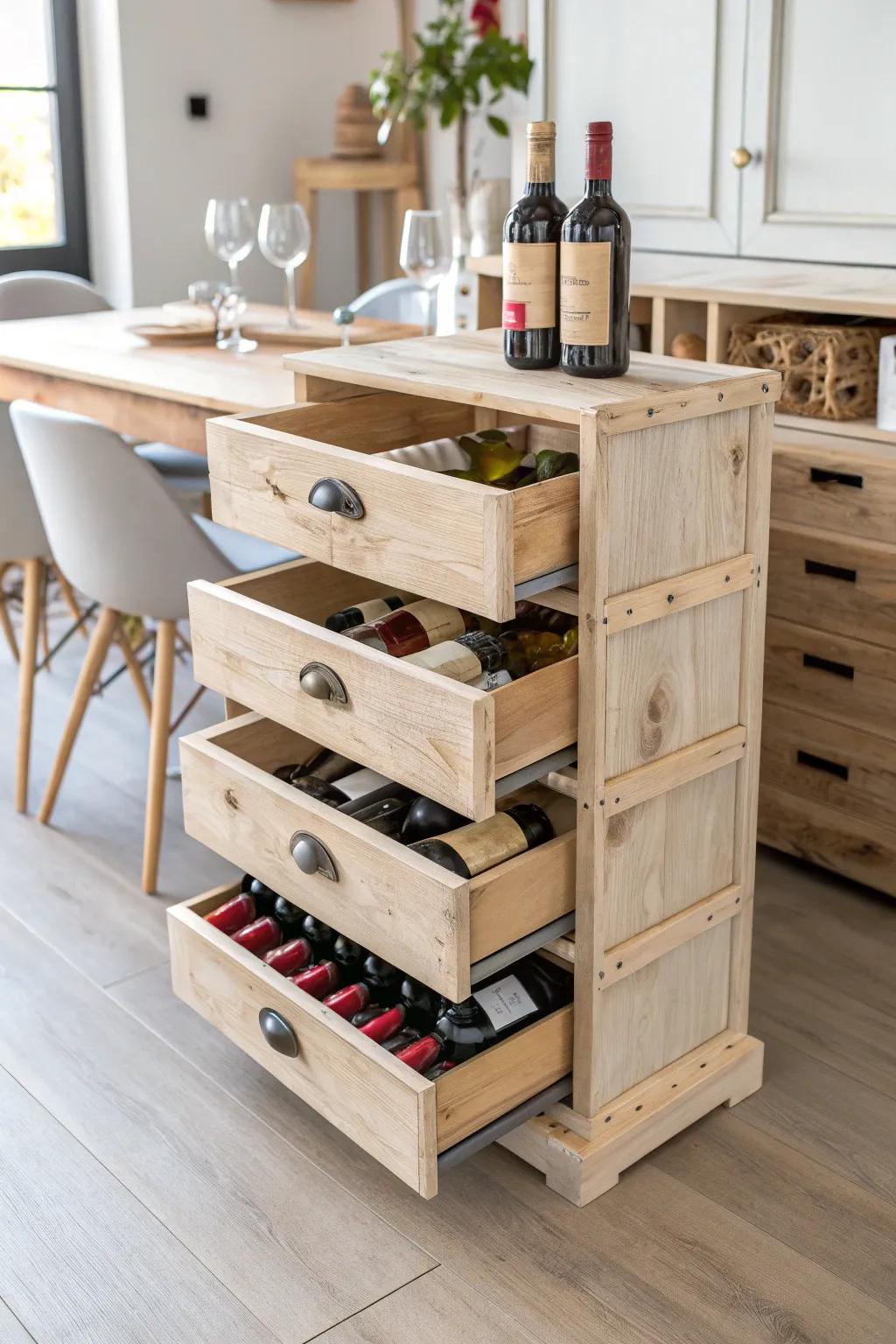Transform old drawers into a stunning wine rack centerpiece!