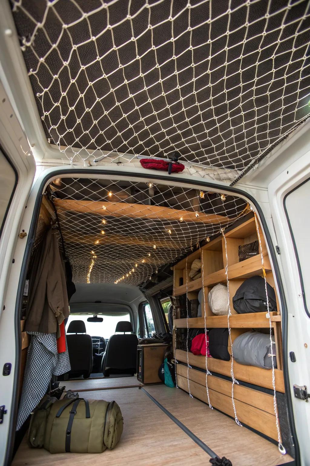 Elevate your van game with stylish overhead netting—ideal for those who love a tidy, functional workspace on the go!