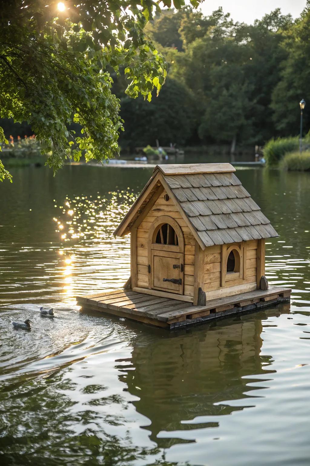 Create a magical escape with a floating duck house that adds charm and safety to any pond.