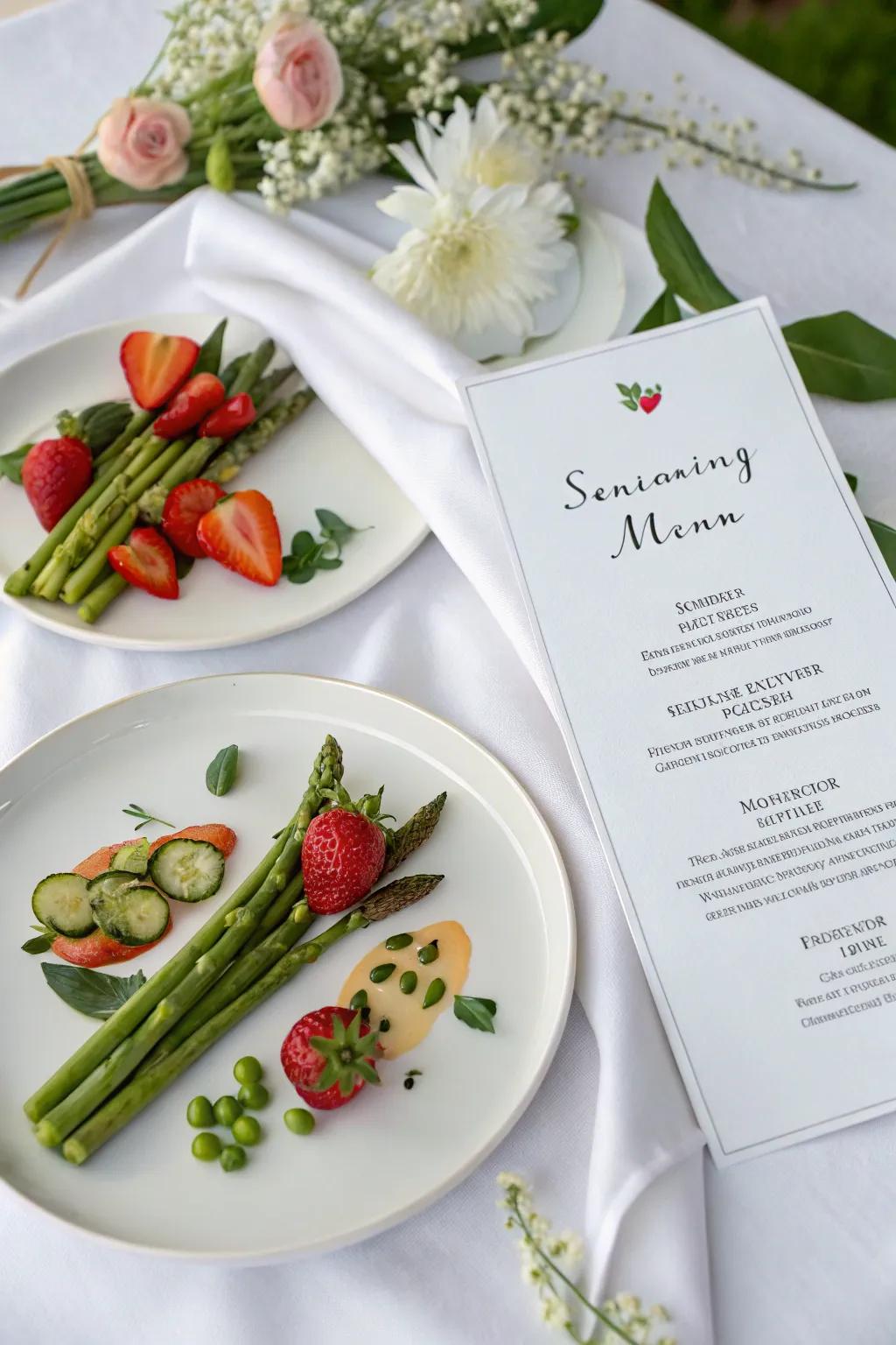 A wedding menu featuring seasonal spring dishes with elegant presentation.