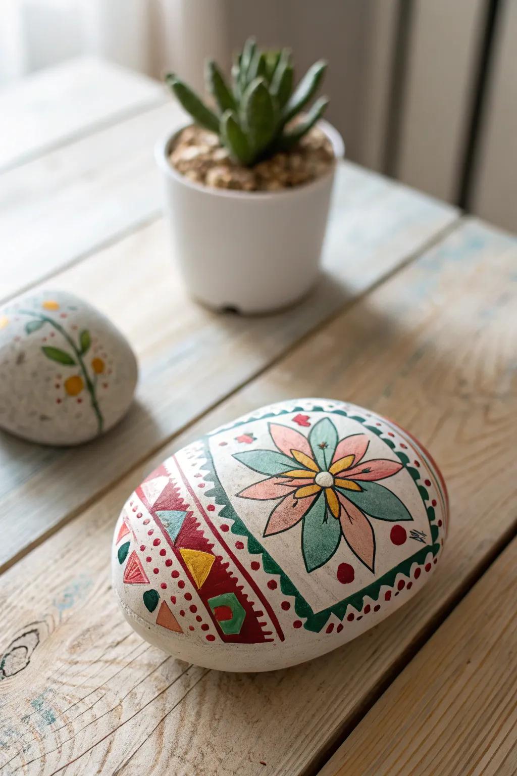 Add a pop of color to your garden with beautifully painted rocks, blending Scandinavian minimalism with Boho flair!