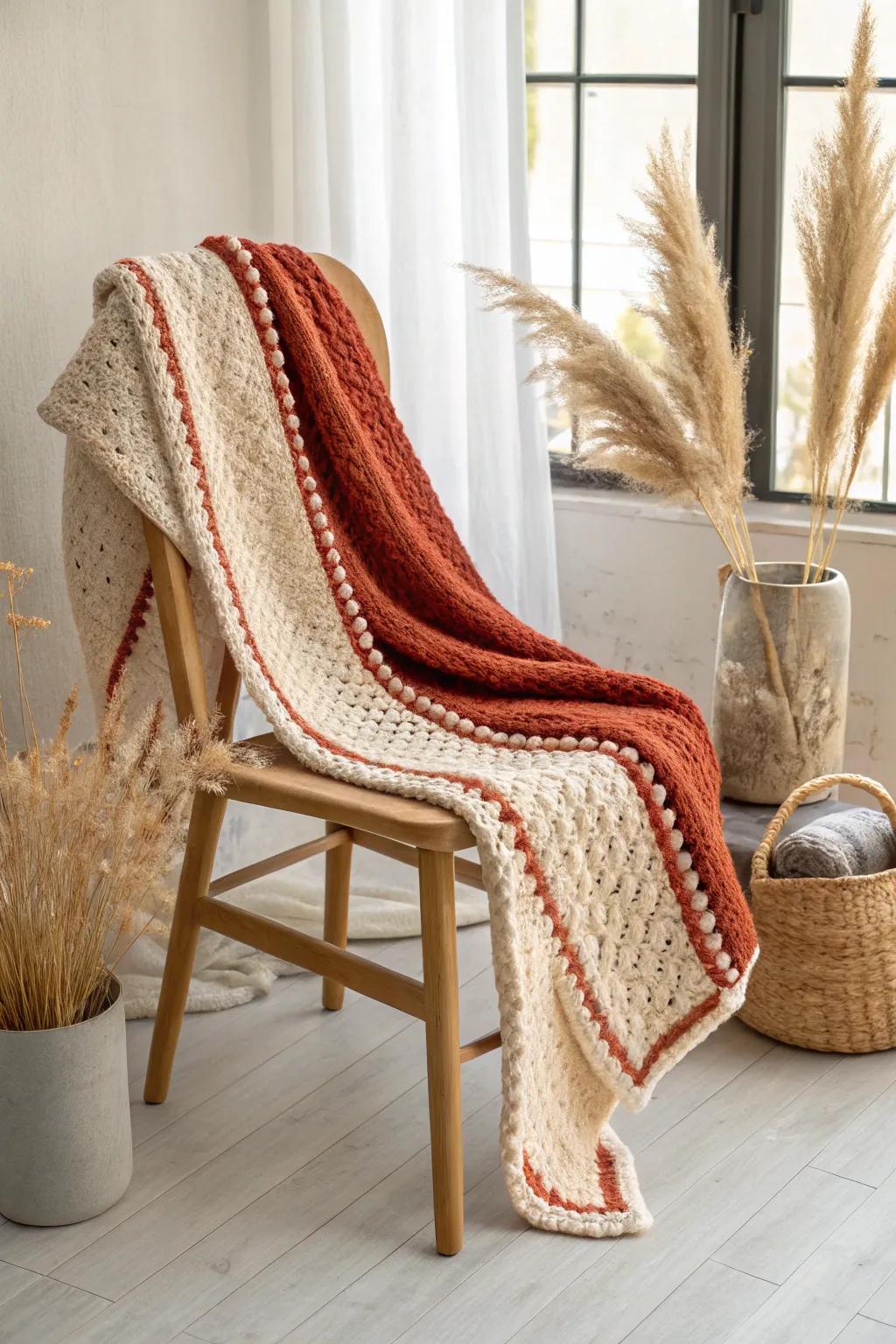 Elevate your space with a cozy crochet blanket featuring a bold border for a pop of color.