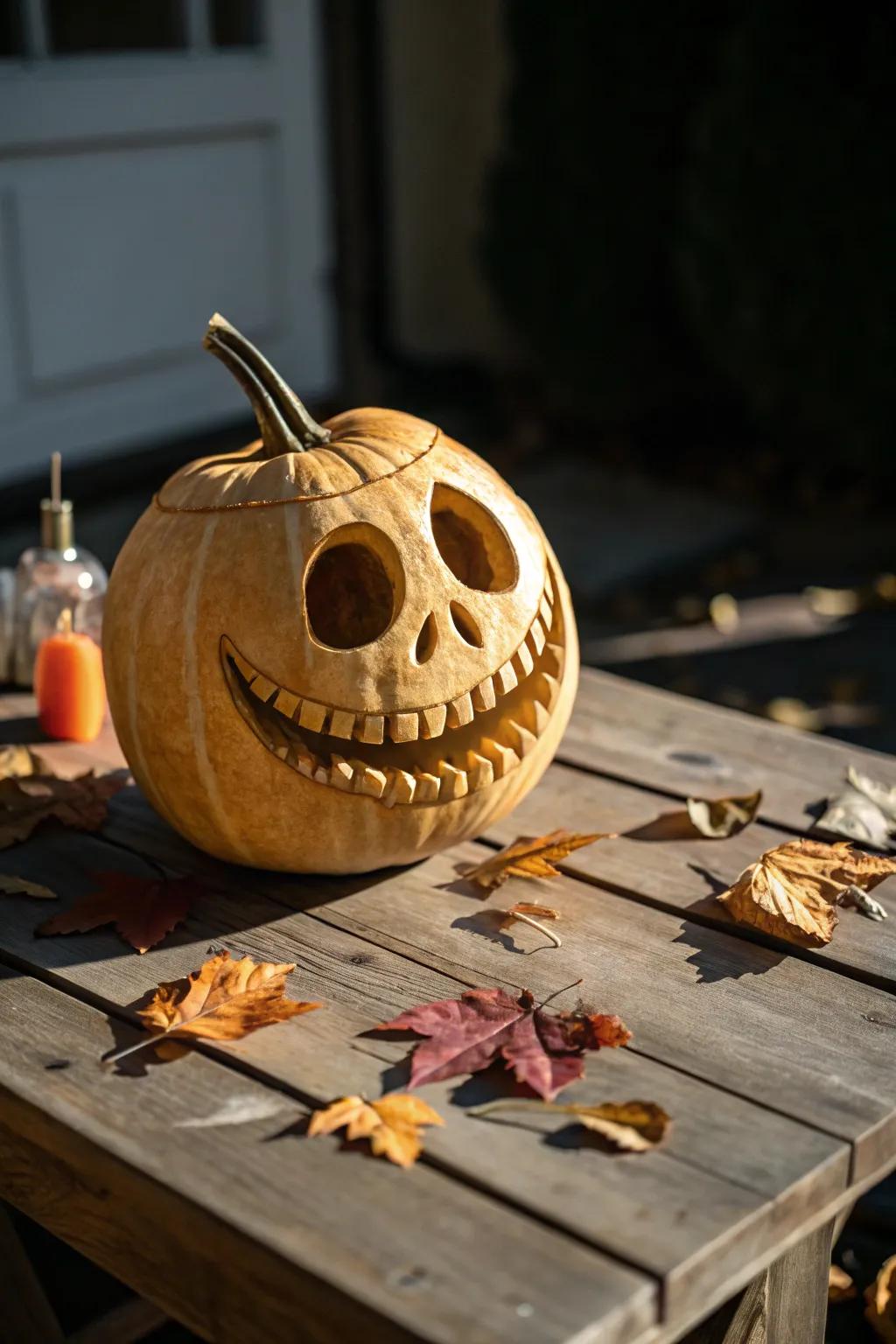 Add a touch of humor to your Halloween decor with this laughing skull pumpkin carving!