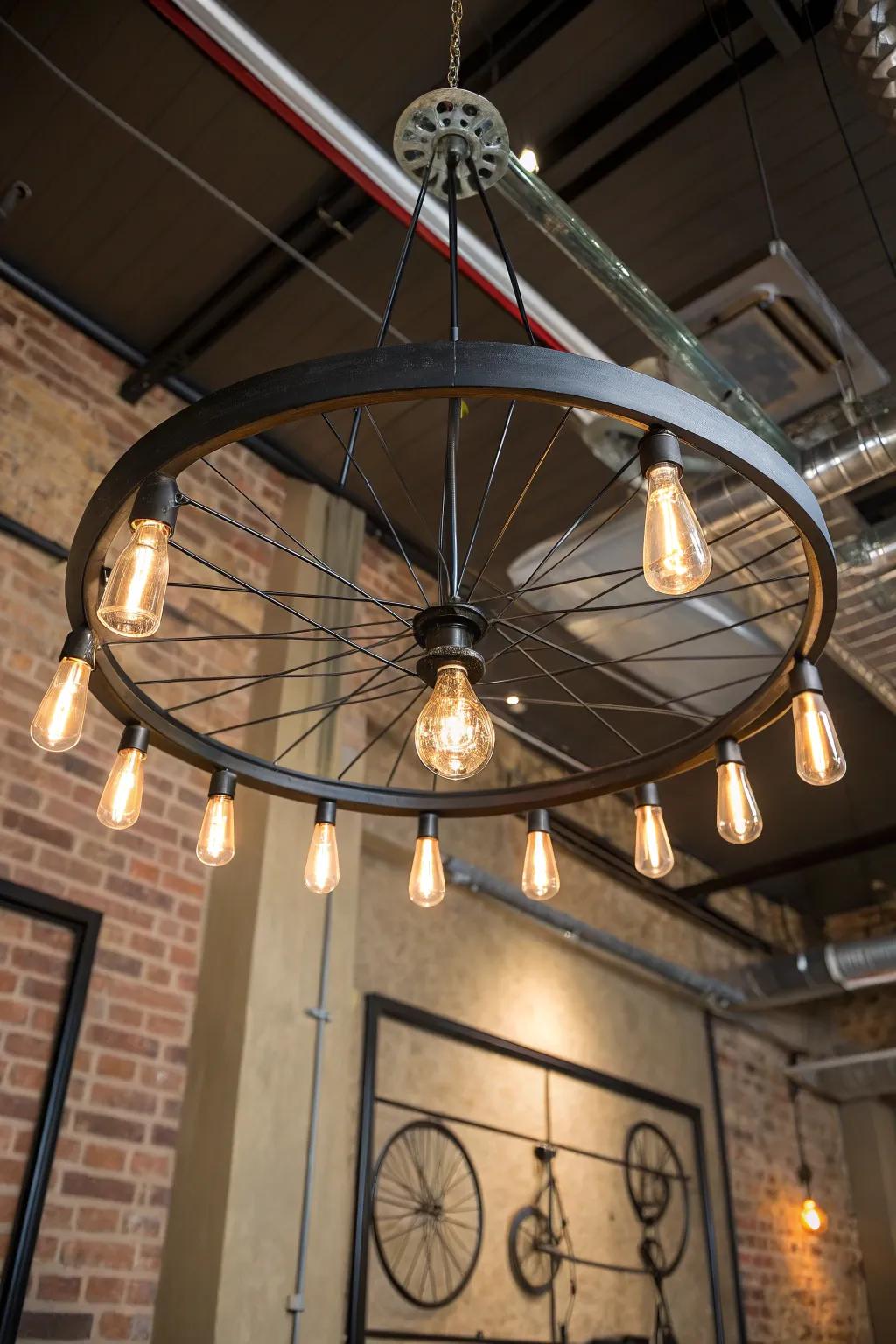 Illuminate your space with innovation: an upcycled bicycle wheel chandelier that merges sustainability with style.