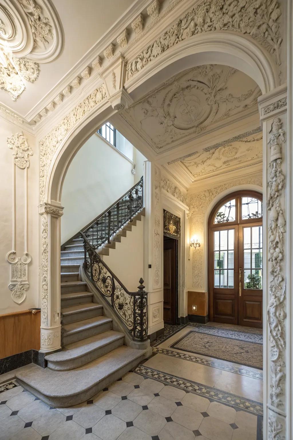 Architectural details add character and depth to the entryway.