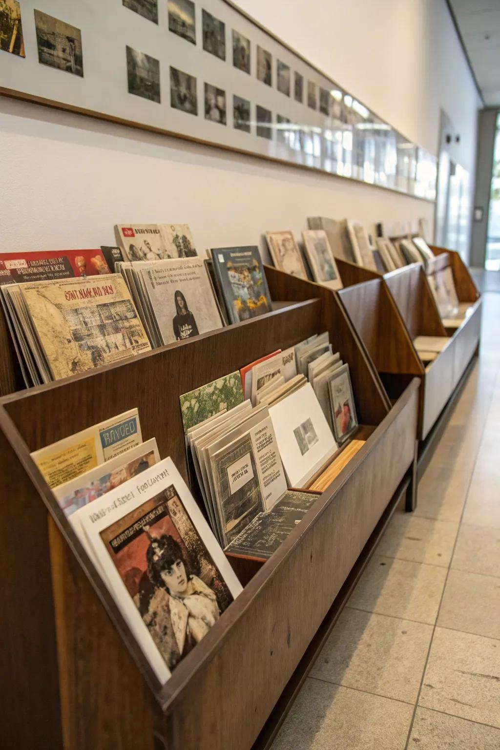 Magazine holders keep larger items organized.
