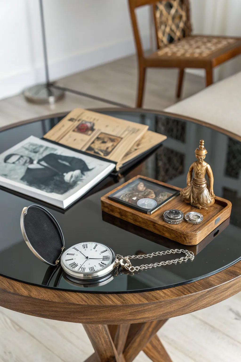 Preserve your memories in style: a timeless epoxy table featuring embedded personal treasures.
