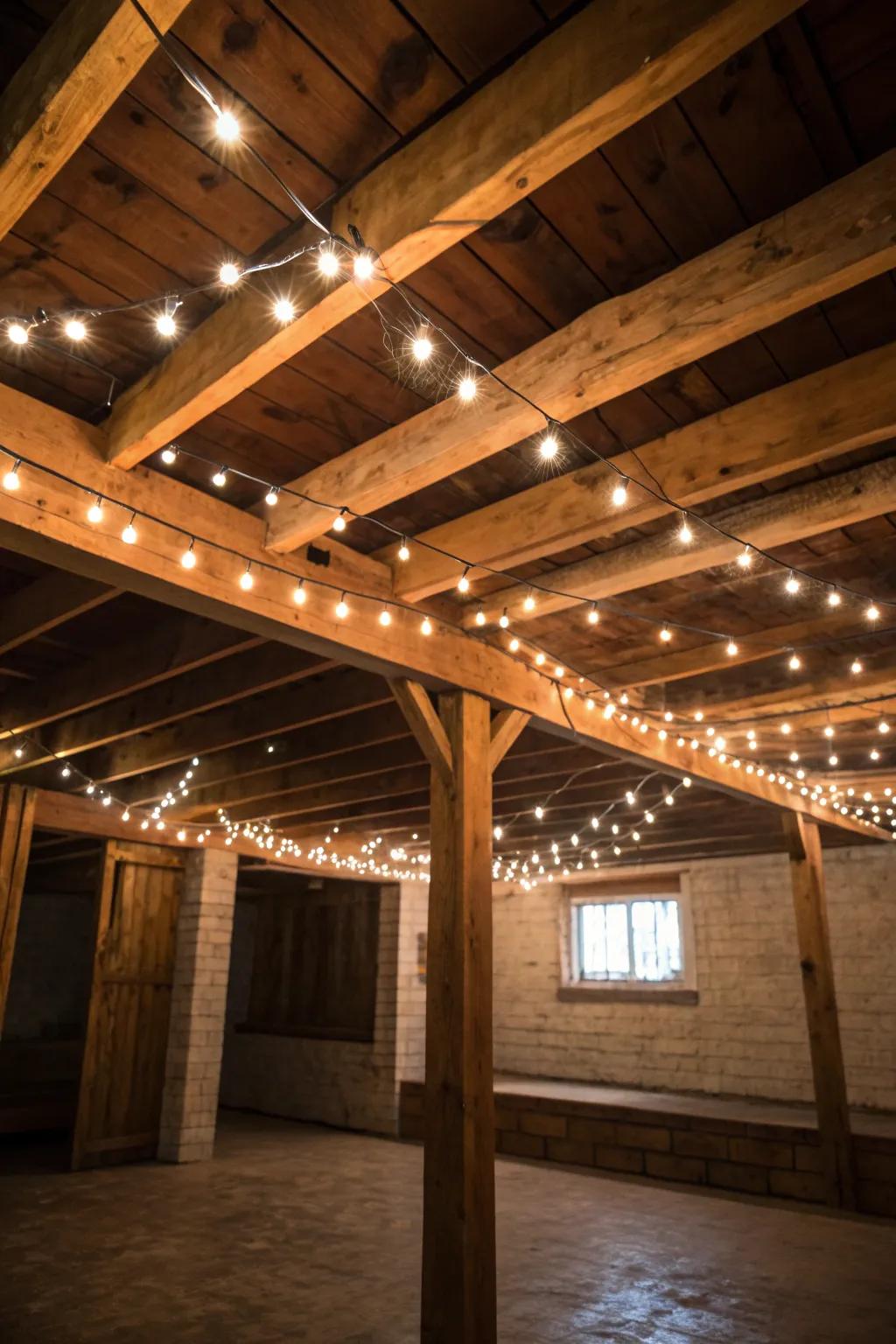 Transform your basement into a cozy retreat with the enchanting glow of string lights.