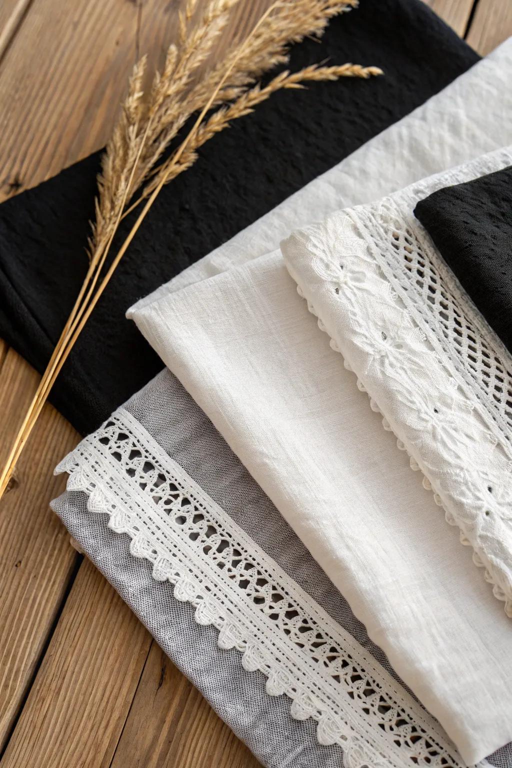 Dive into the elegance of monochrome textures with this minimalist fabric collage masterpiece.
