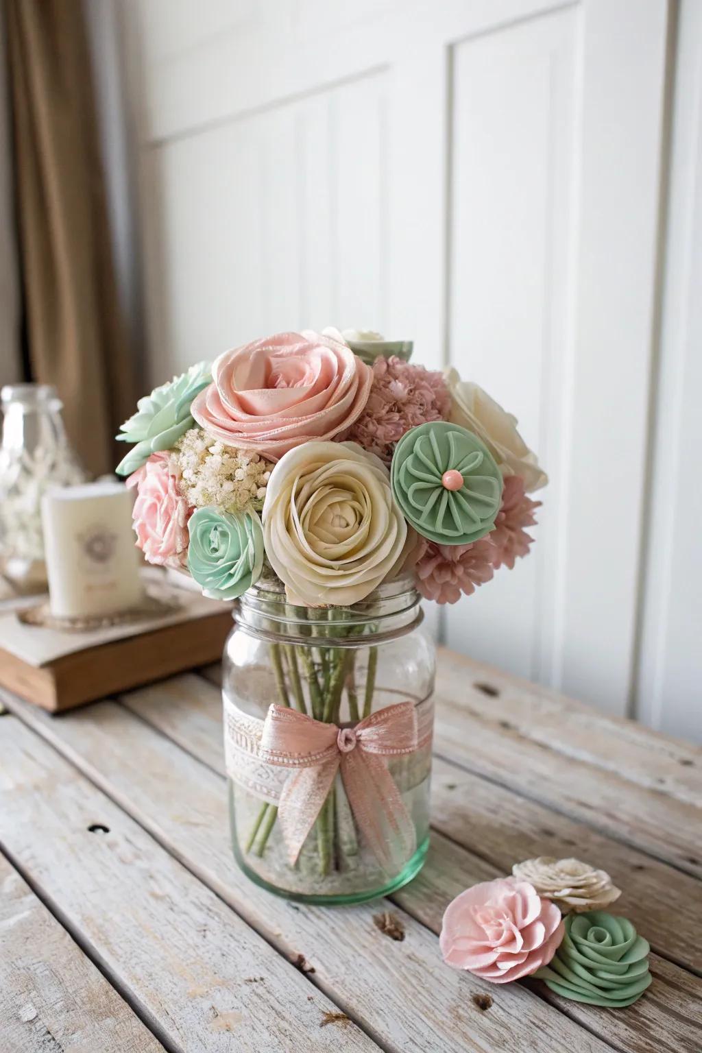 Elevate your decor with handcrafted elegance: Fabric flowers in a mason jar.