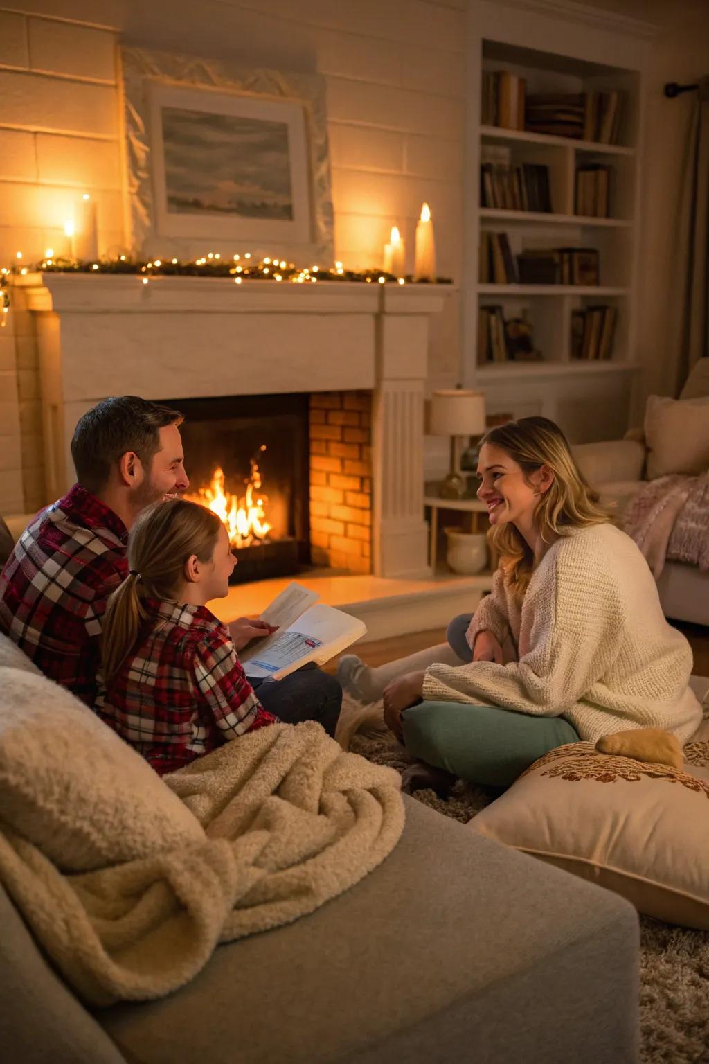 Capture warmth and closeness by the fireplace.