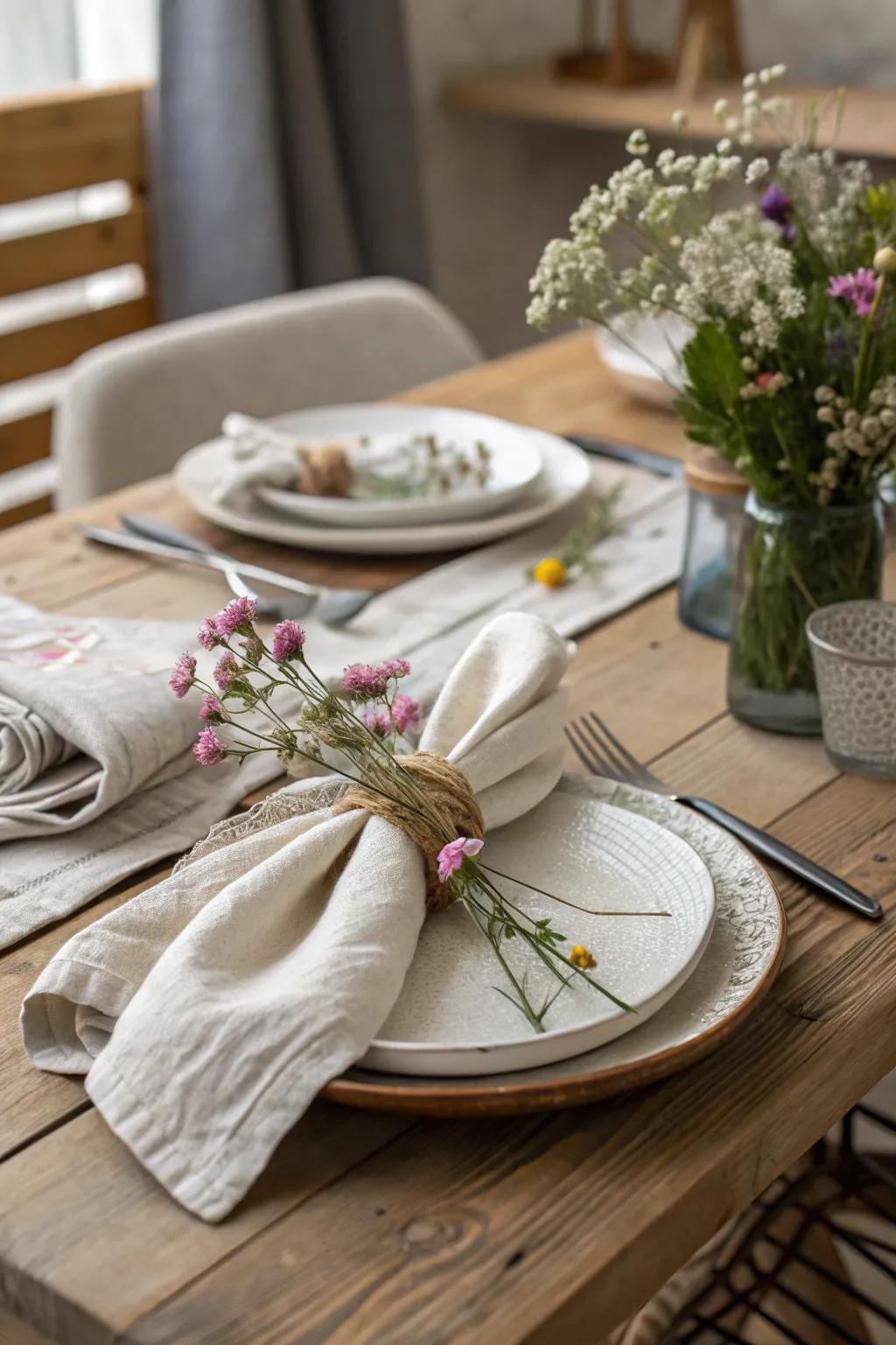 Knotted napkins offer rustic charm and simplicity.