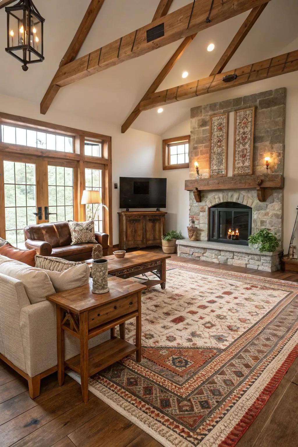 Layered rugs add texture and help delineate spaces.