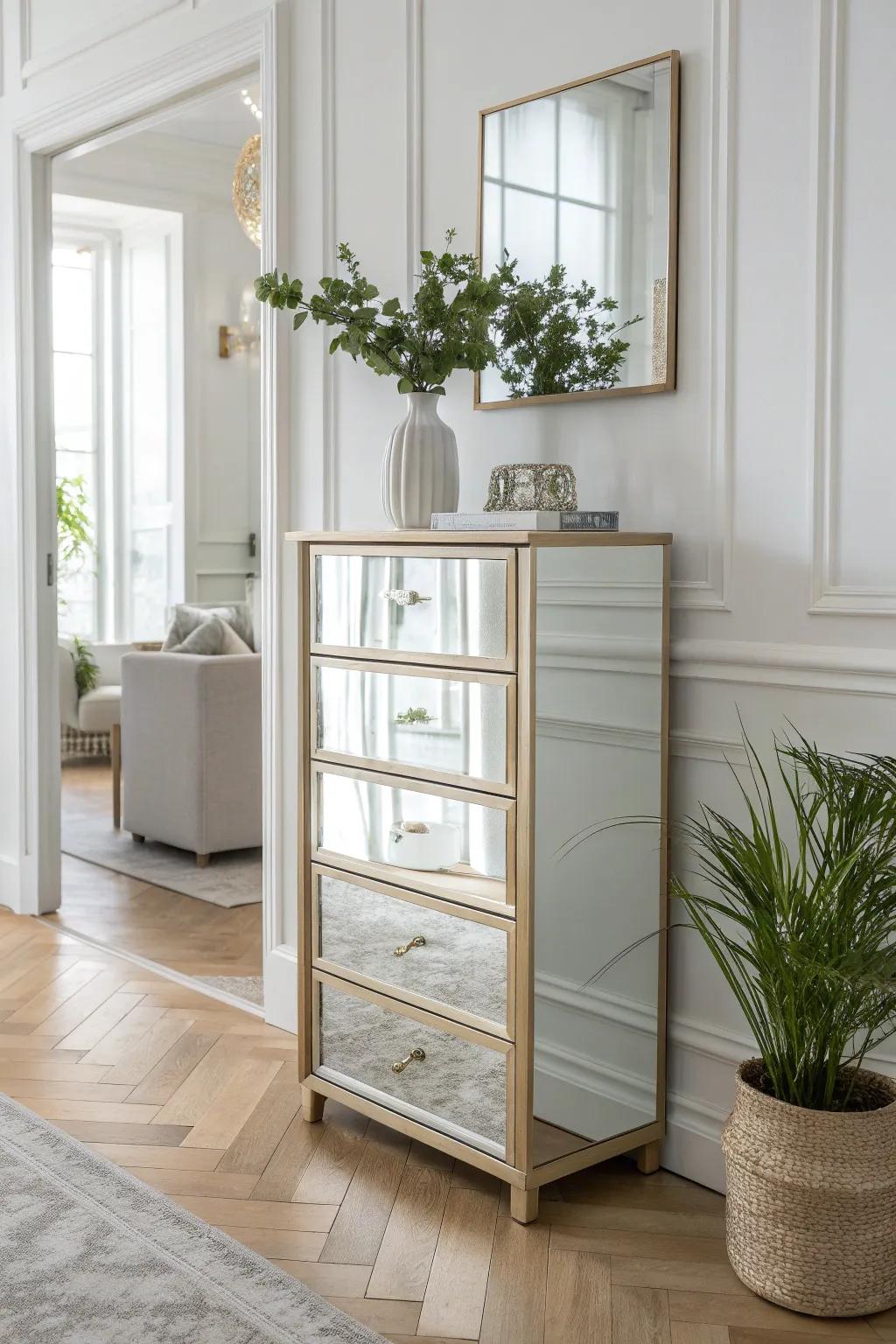Transform your space with the chic elegance of mirrored panels. #MirrorMagic #ScandiBoho